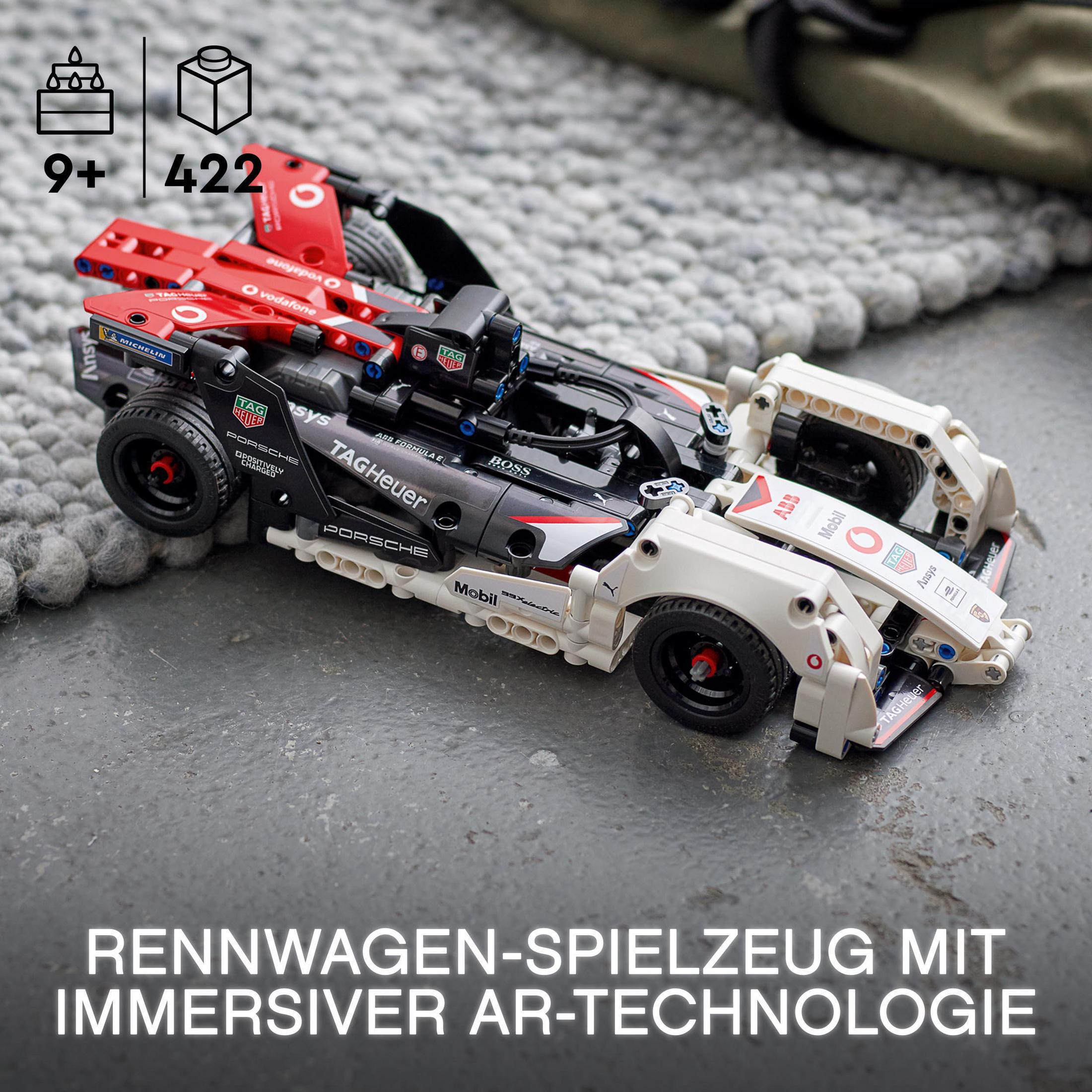 Ein Lego Technic Rennwagen auf hellgrauer Oberfläche. Das Set enthält 422 Teile und ist für Kinder ab 9 Jahren.