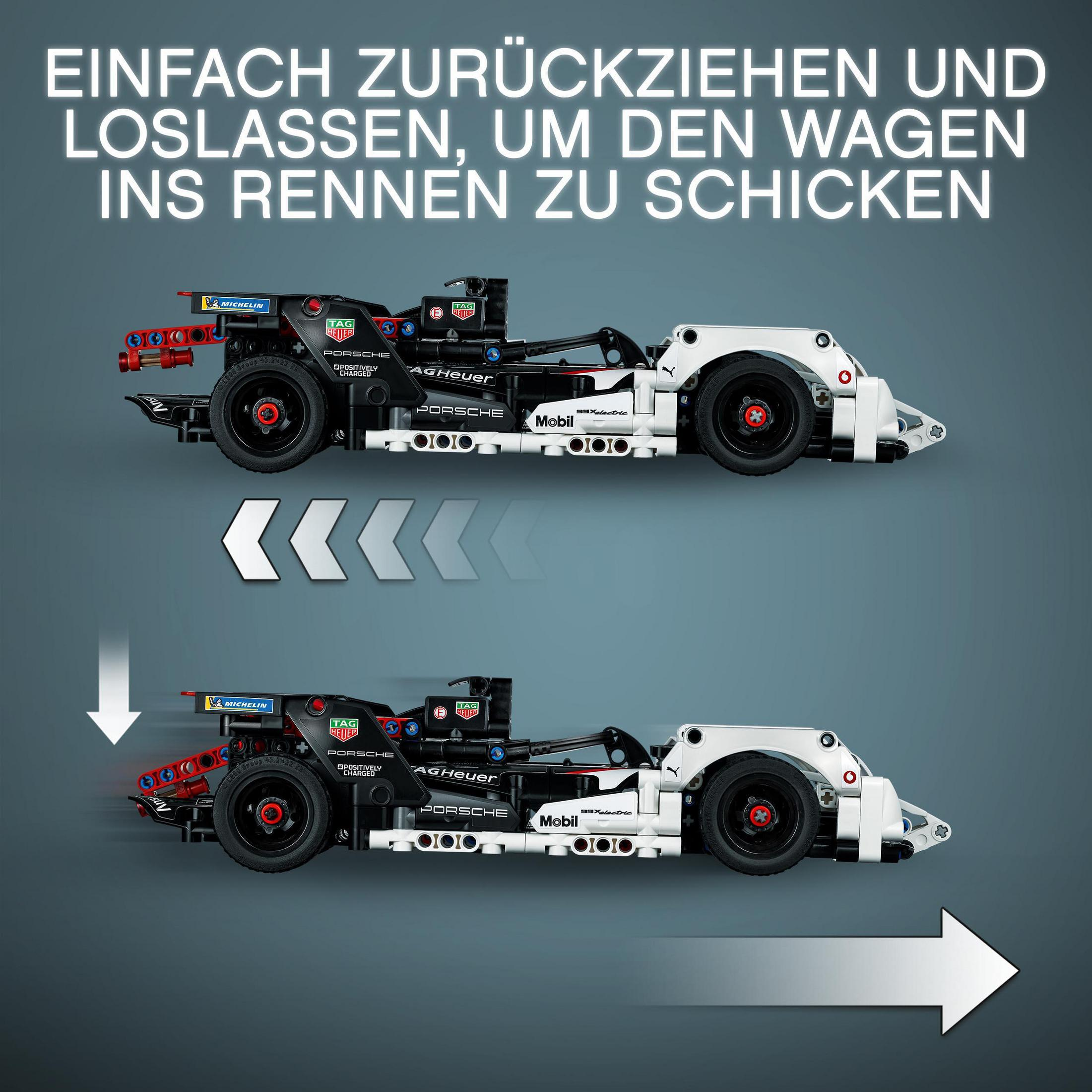 Bild zeigt einen LEGO Technic Porsche Rennwagen. Anweisungen zeigen, wie man das Auto zurückzieht und loslässt.