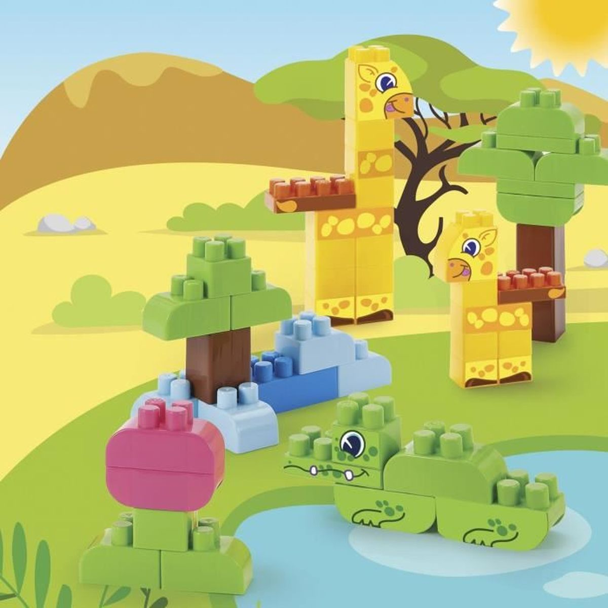 Giocattoli di giraffa, scimmia e coccodrillo fatti con blocchi in una scena del parco.