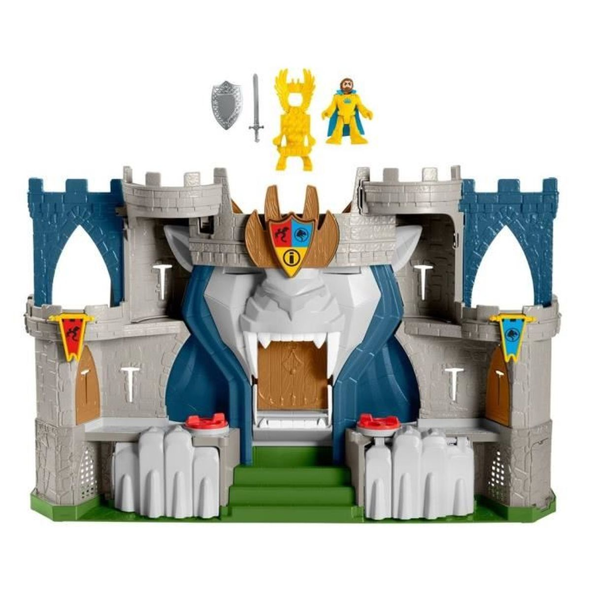 Spielzeugschloss mit Figuren. Grau-blaues Farbschema. Löwenkopf-Eingang. Weißer Hintergrund.