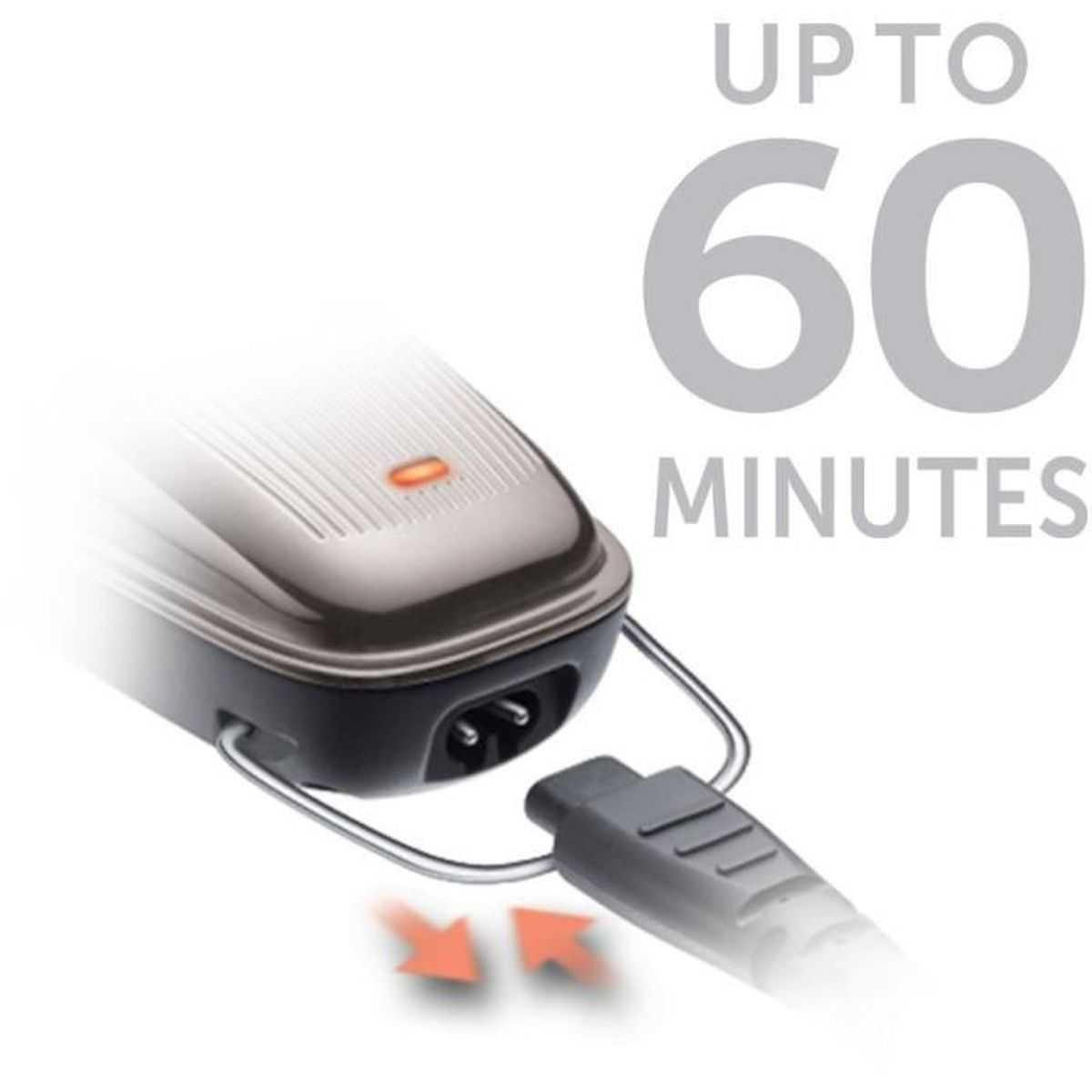 Nahaufnahme eines grauen Ladegeräts mit Stecker. Es hat ein rotes Licht und den Text 'UP TO 60 MINUTES'.