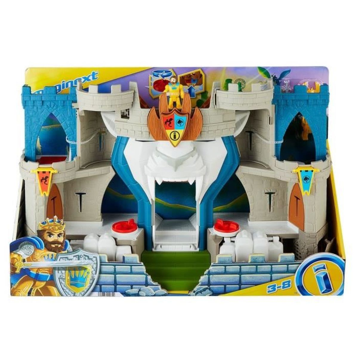 Spielzeug-Burg-Set mit Ritter-Figur, König-Figur und Drachen auf blauem Hintergrund.