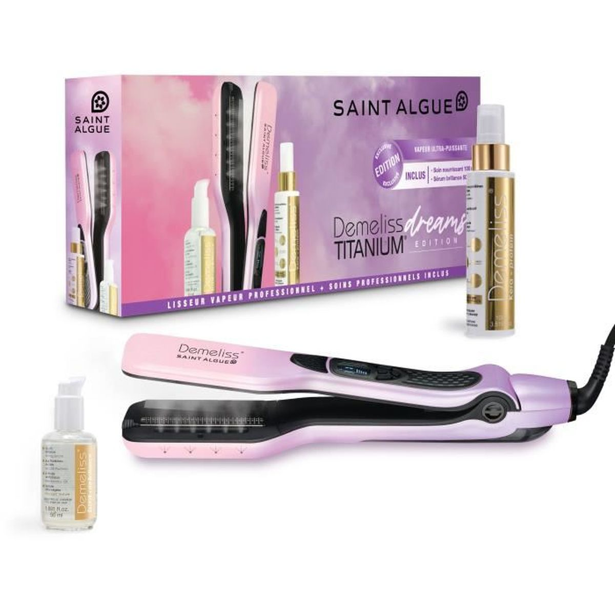 Rosa und schwarzes Haarglätter-Set mit mehreren Flaschen Haarpflegeprodukten.