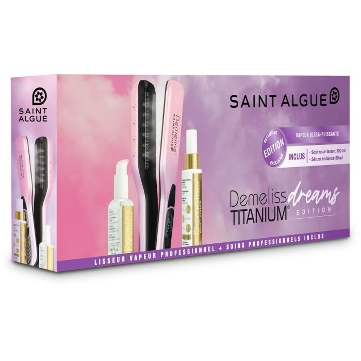 Box-Haarstyling-Kit mit Glätteisen und Flaschen.