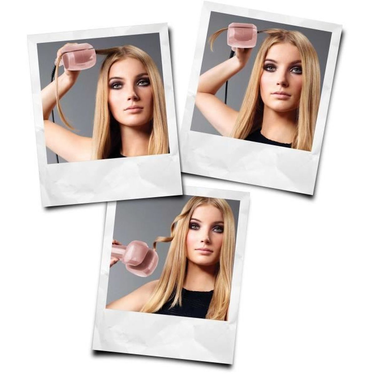 Kobieta kręci włosy różową lokówką. Trzy zdjęcia w stylu polaroid z tą samą kobietą.