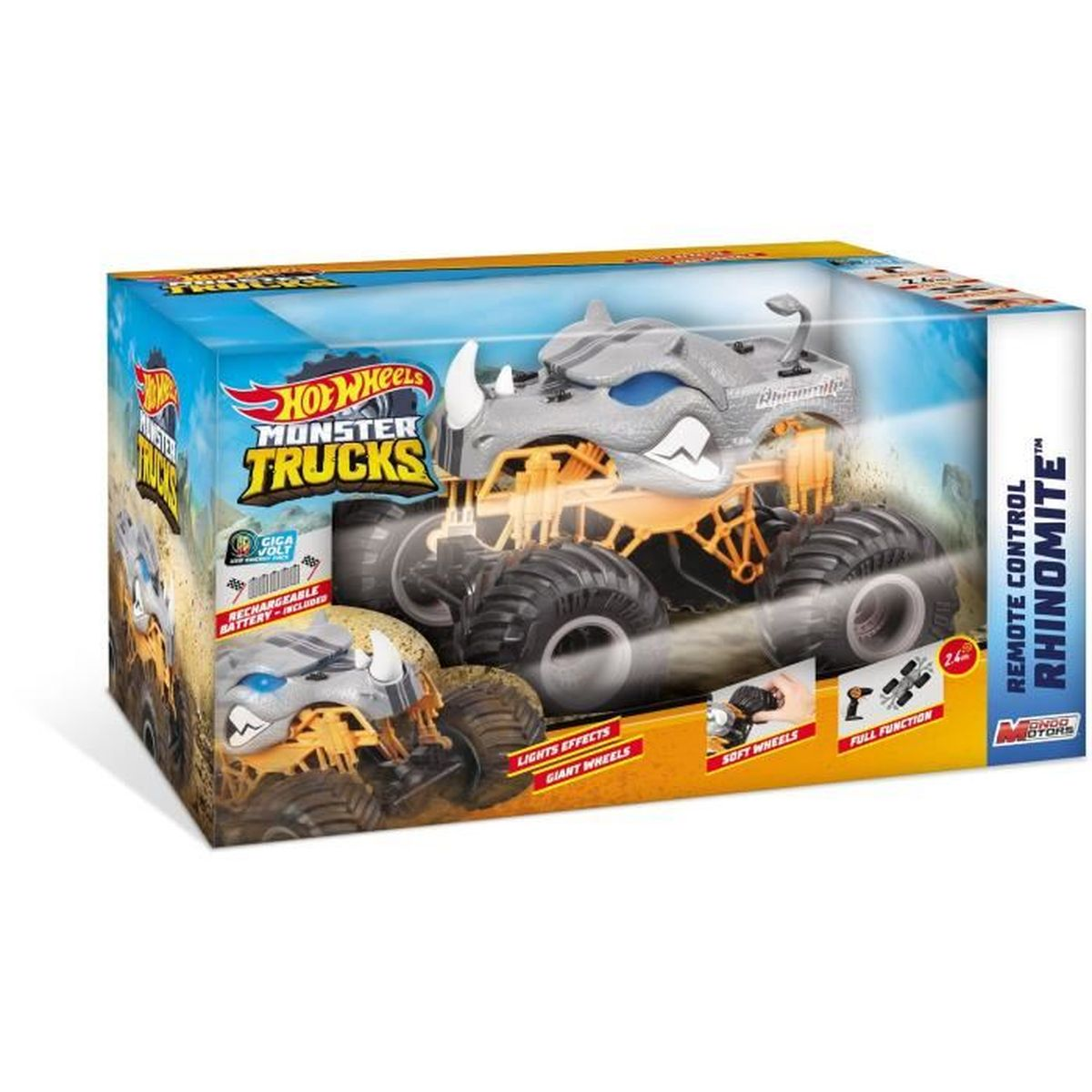 Ein Hot Wheels Monster Truck Spielzeug in einer Box. Der Truck ist grau und orange, mit großen schwarzen Rädern.