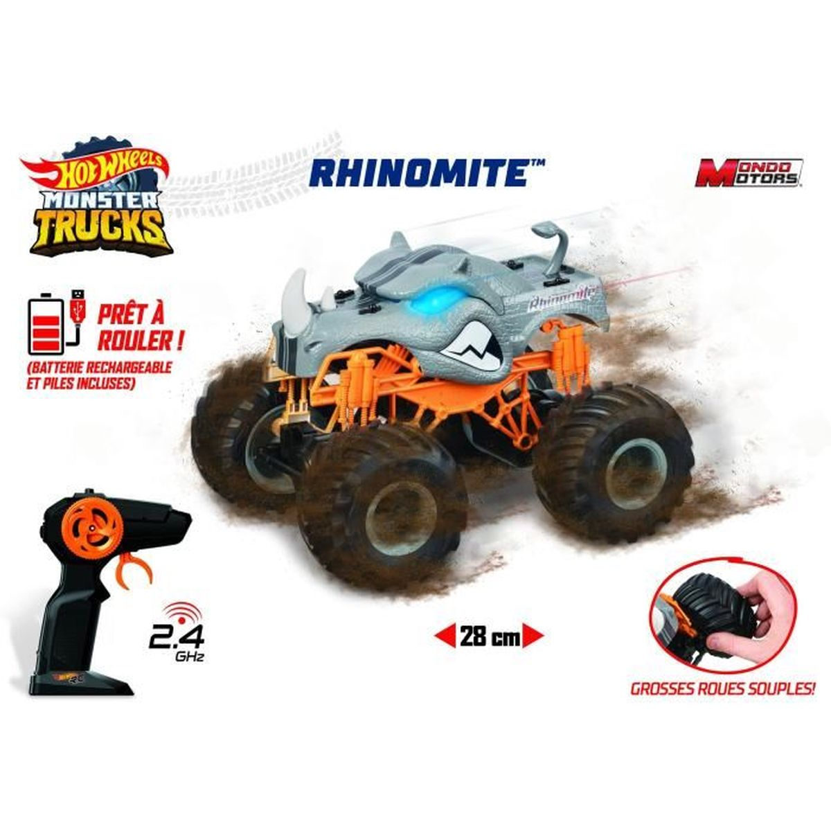 Hot Wheels Monster Truck Spielzeug, RhinoMite, mit Fernbedienung und Text-Labels. Isoliert auf blauem Hintergrund.
