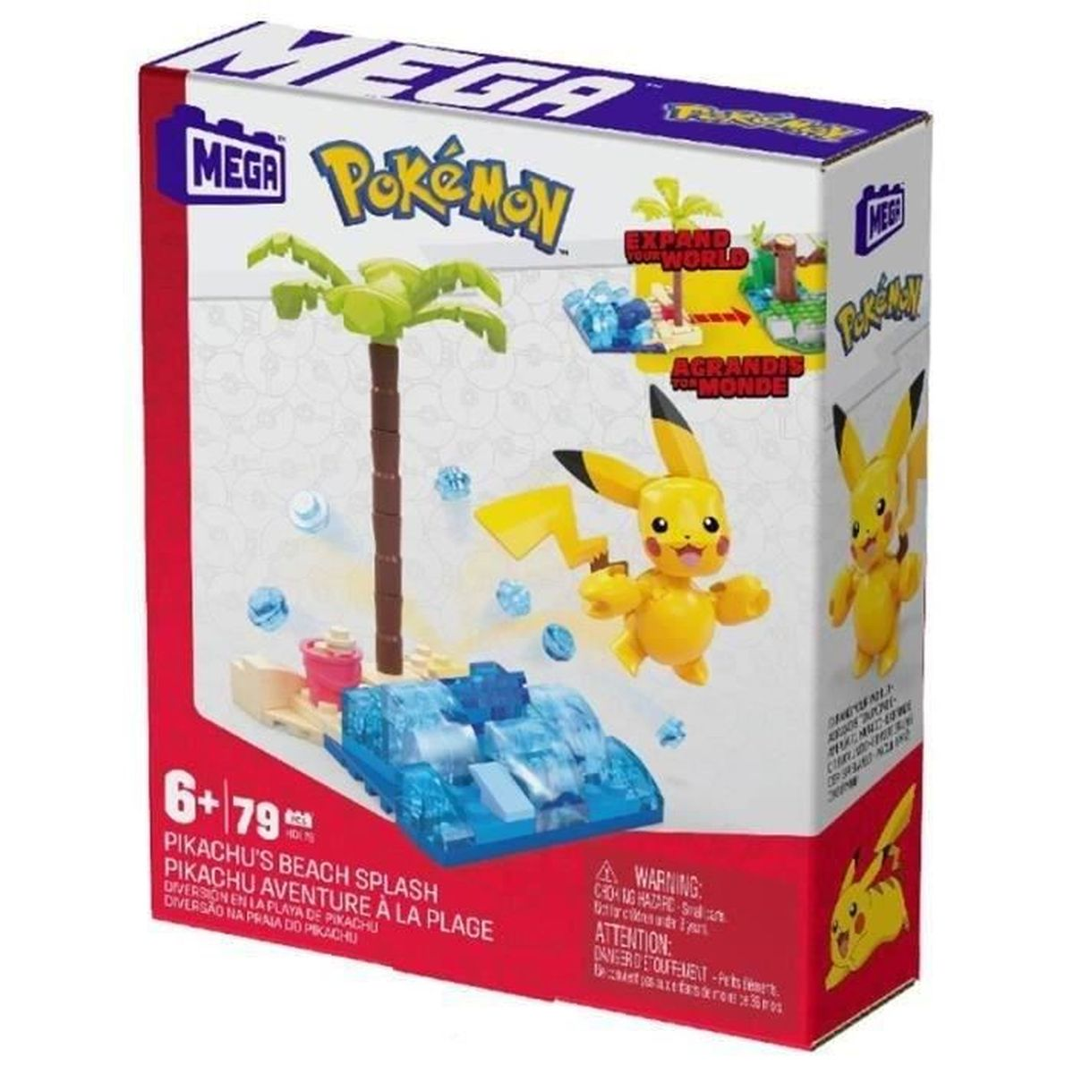 Pokemon-Spielzeugset, Pikachu-Figur, Strandszene, Verpackung mit Text und Illustrationen.