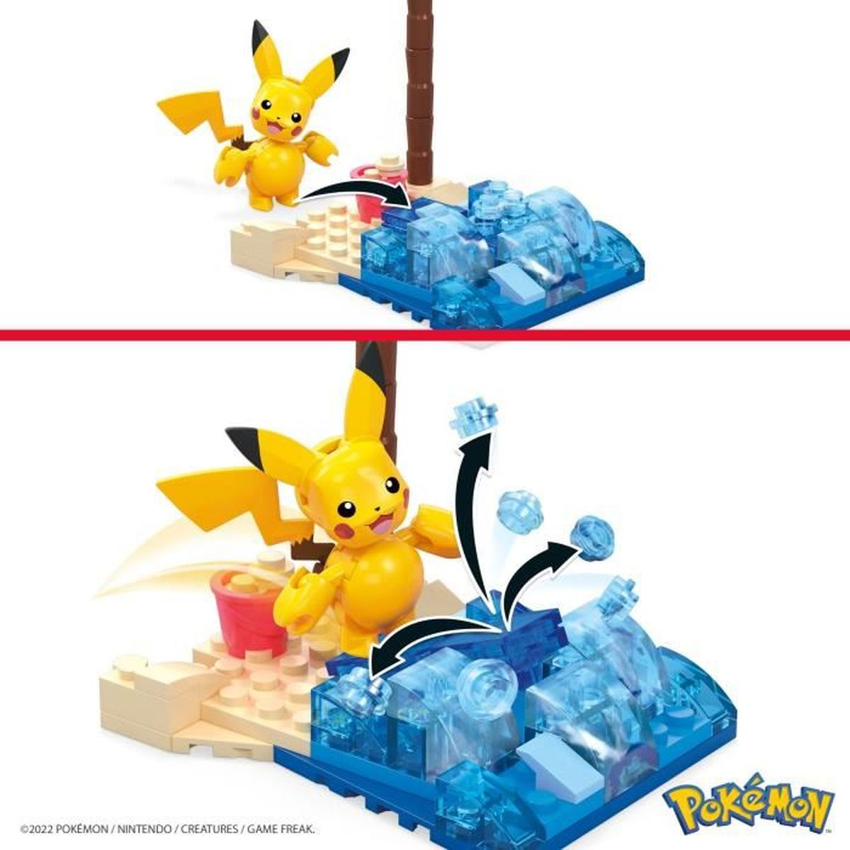 Zwei Bilder von Pikachu mit einer Strandszene. Das obere Bild zeigt Pikachu am Strand. Das untere Bild zeigt Pikachu am Strand.
