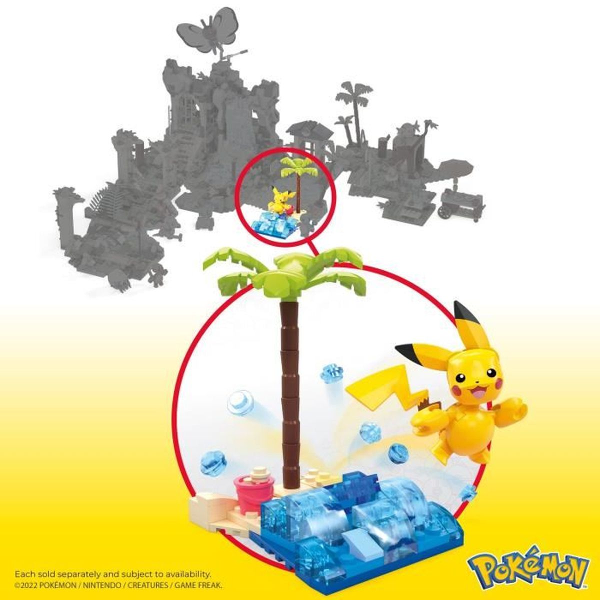 Pokemon-Spielset mit Pikachu, Strand und Burg im Hintergrund. Gelbe und blaue Farben.