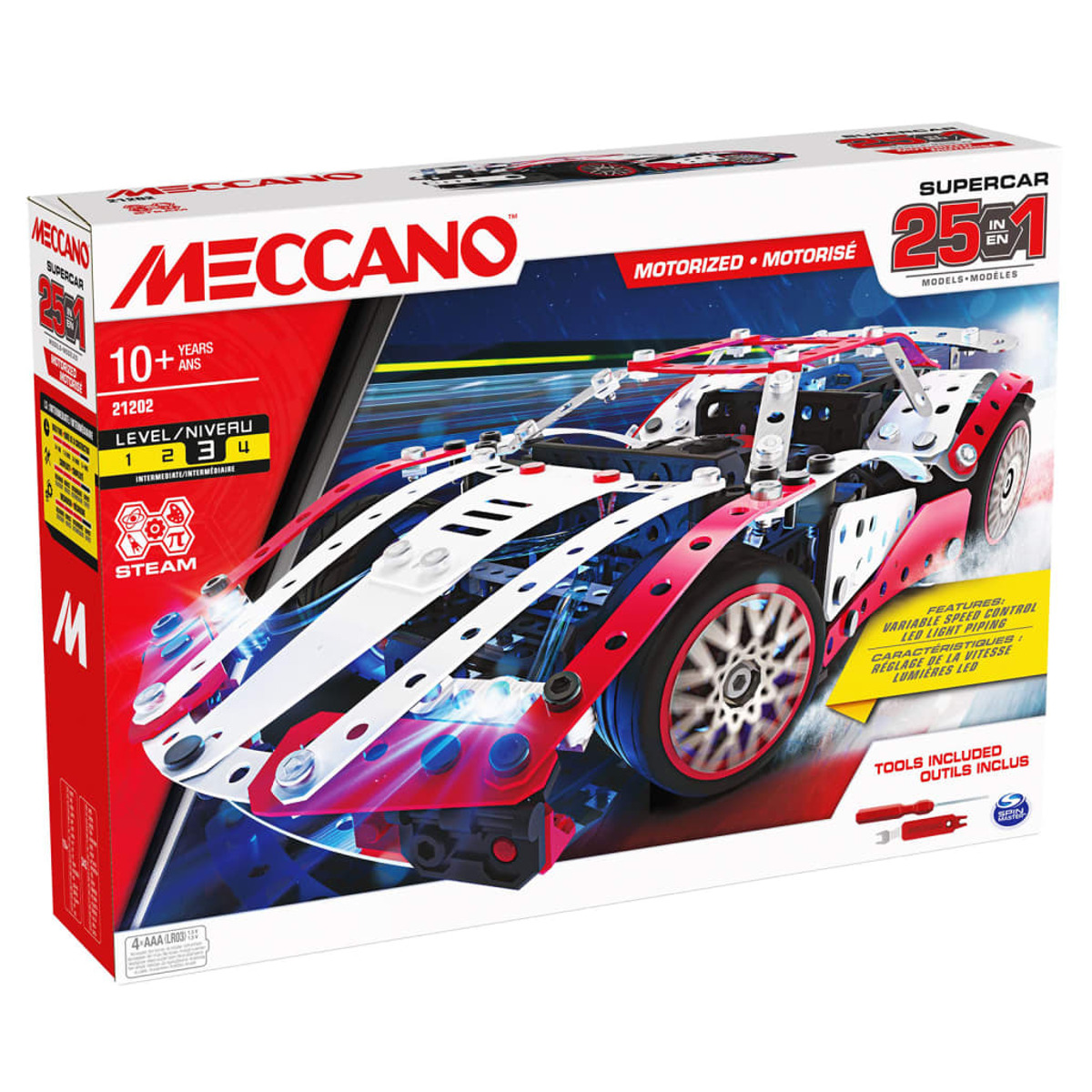 Meccano Supercar Bausatzbox. Rotes, weißes und blaues Automodell wird gezeigt.