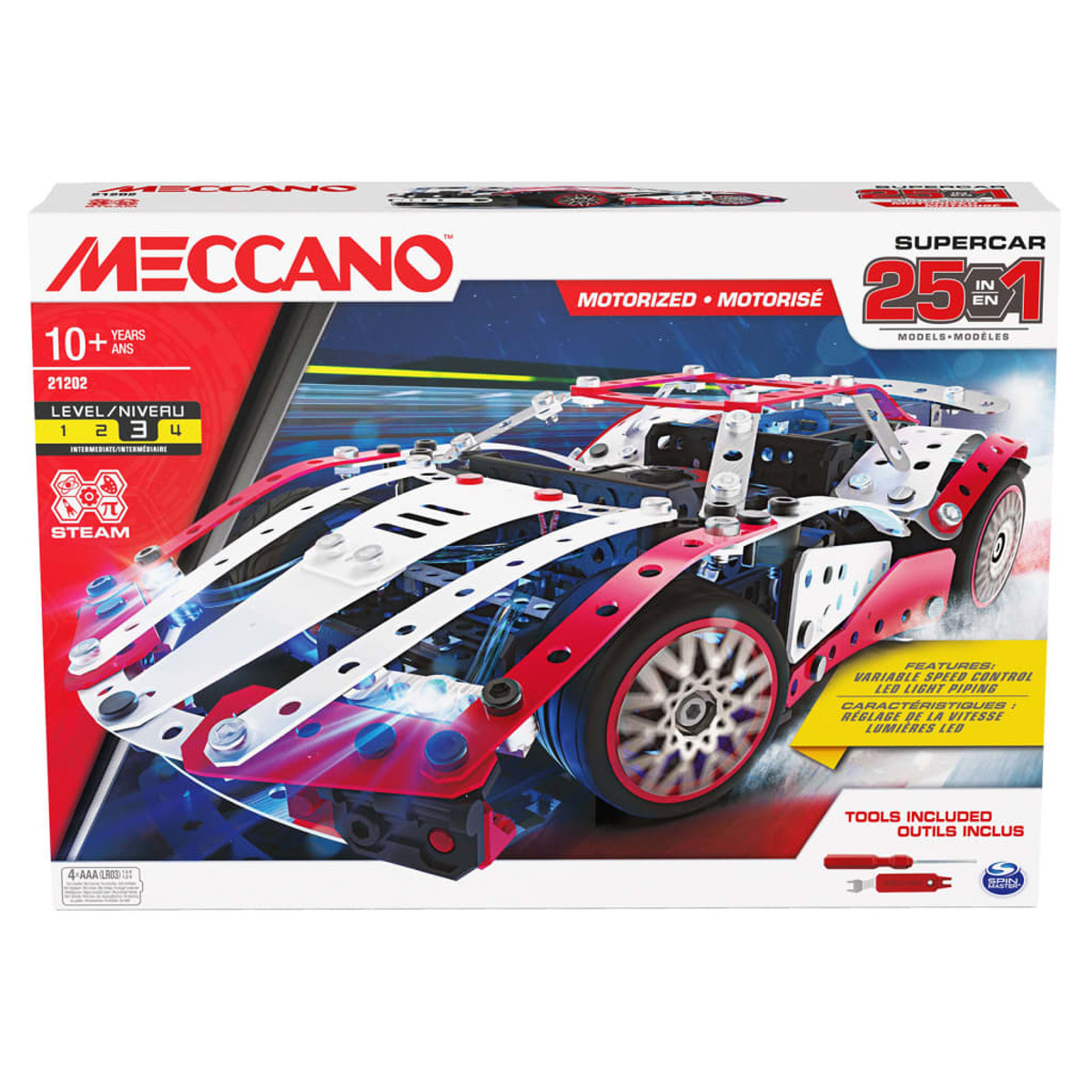 Eine Meccano Supercar Modellbausatzbox. Das Auto ist rot, weiß und schwarz mit den Worten 'Motorisiert' und '25 in 1'.
