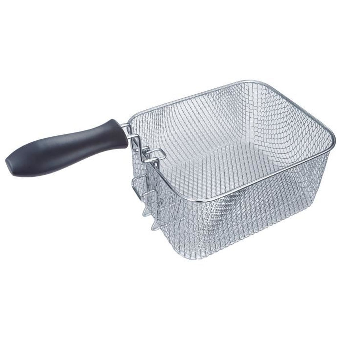 Cesta de freidora de acero inoxidable con asa negra, sobre un fondo blanco.