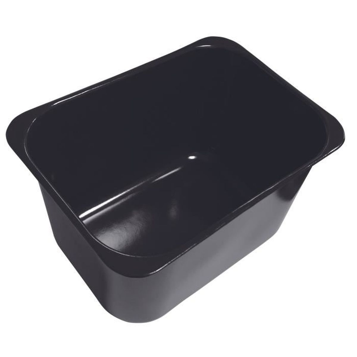 Un contenedor rectangular negro, visto desde un ángulo, con bordes redondeados.