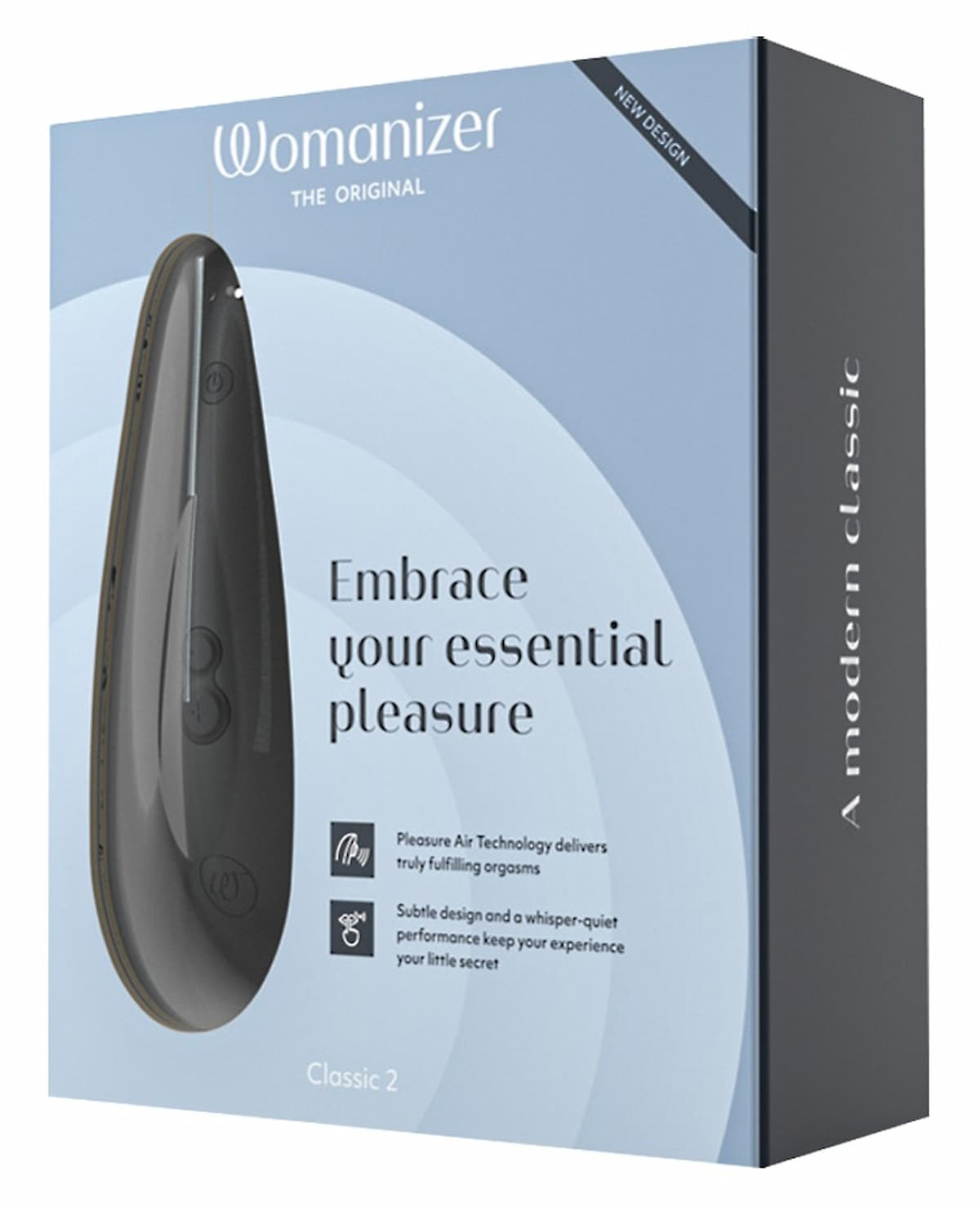 Womanizer Spielzeugbox. Ein schwarzes Gerät ist durch das ovale Fenster sichtbar.