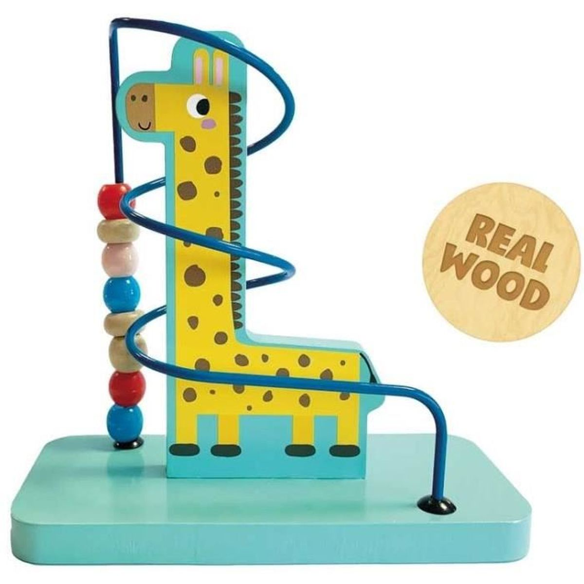 Ein Holzspielzeug in Form einer Giraffe mit bunten Perlen und einem blauen Sockel.