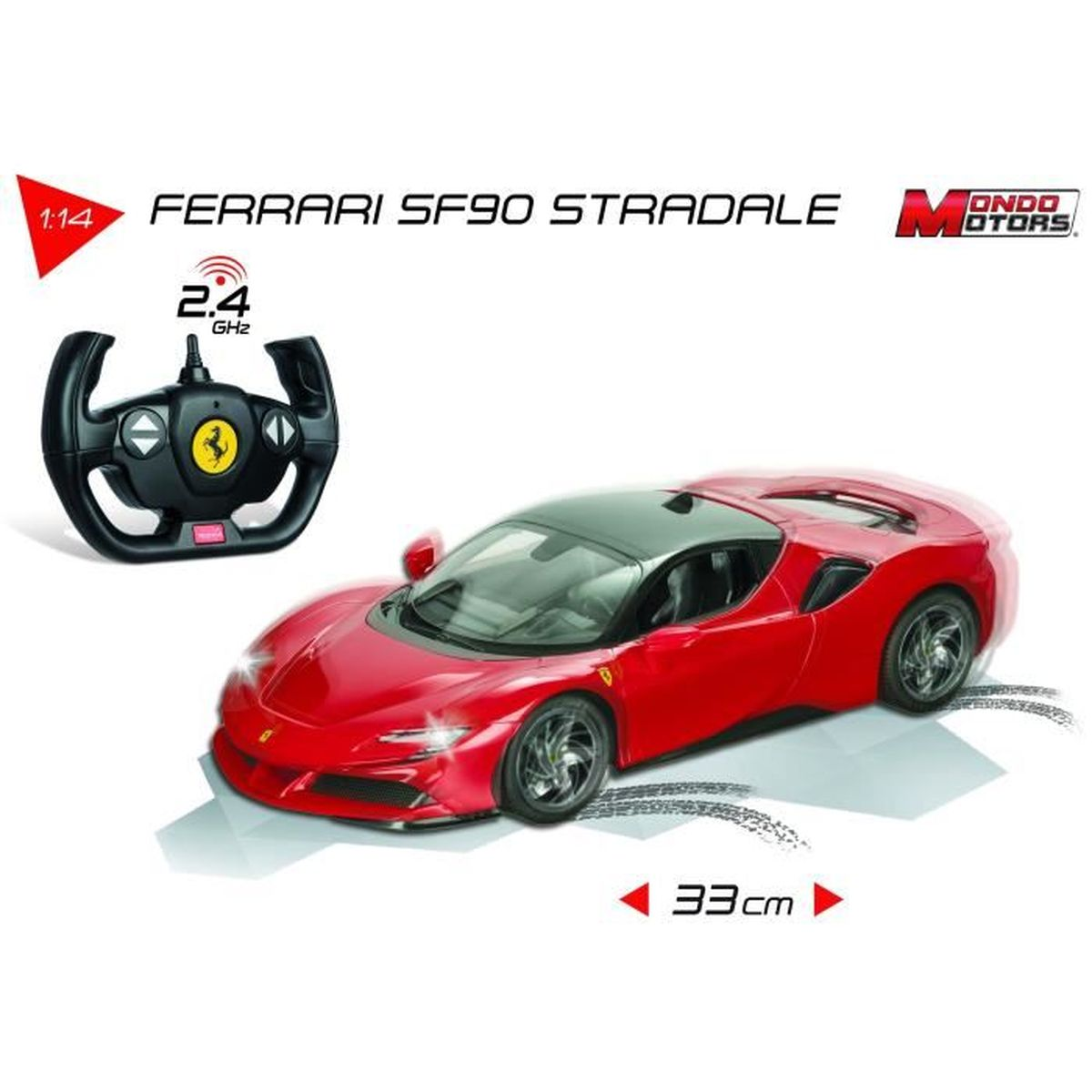 Ein rotes Ferrari SF90 Stradale Modellauto mit schwarzem Lenkrad und 2,4 GHz Aufkleber.