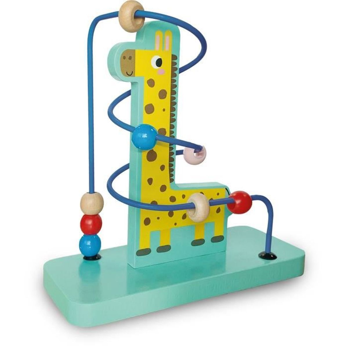 Holz-Giraffen-Perlenlabyrinth-Spielzeug mit bunten Perlen und blauen Bögen.