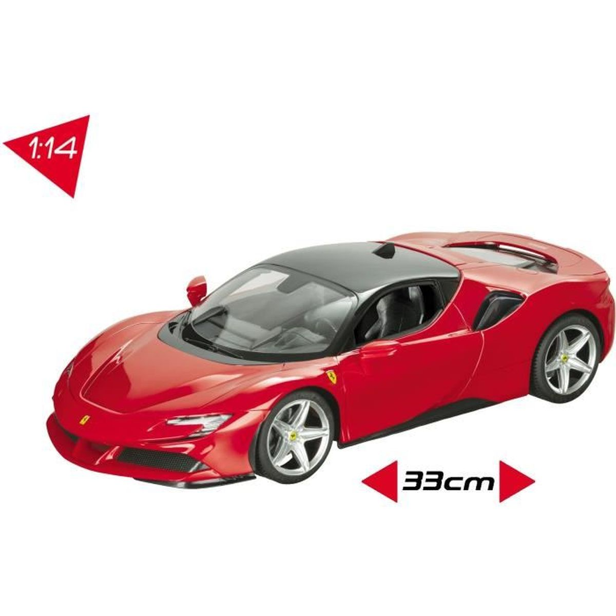 Rotes Spielzeug-Ferrari-Auto, Maßstab 1:14, mit schwarzem Dach, auf weißem Hintergrund, Abmessungen gezeigt.