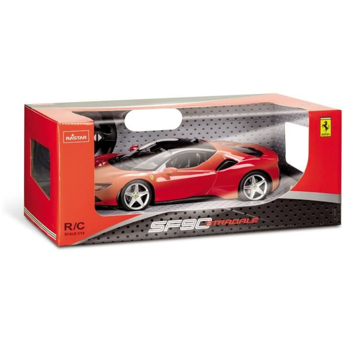 Rotes Spielzeugauto in einer Schachtel. Das Auto ist ein Ferrari SF90 Stradale. Die Schachtel ist rot und hat das Ferrari-Logo.