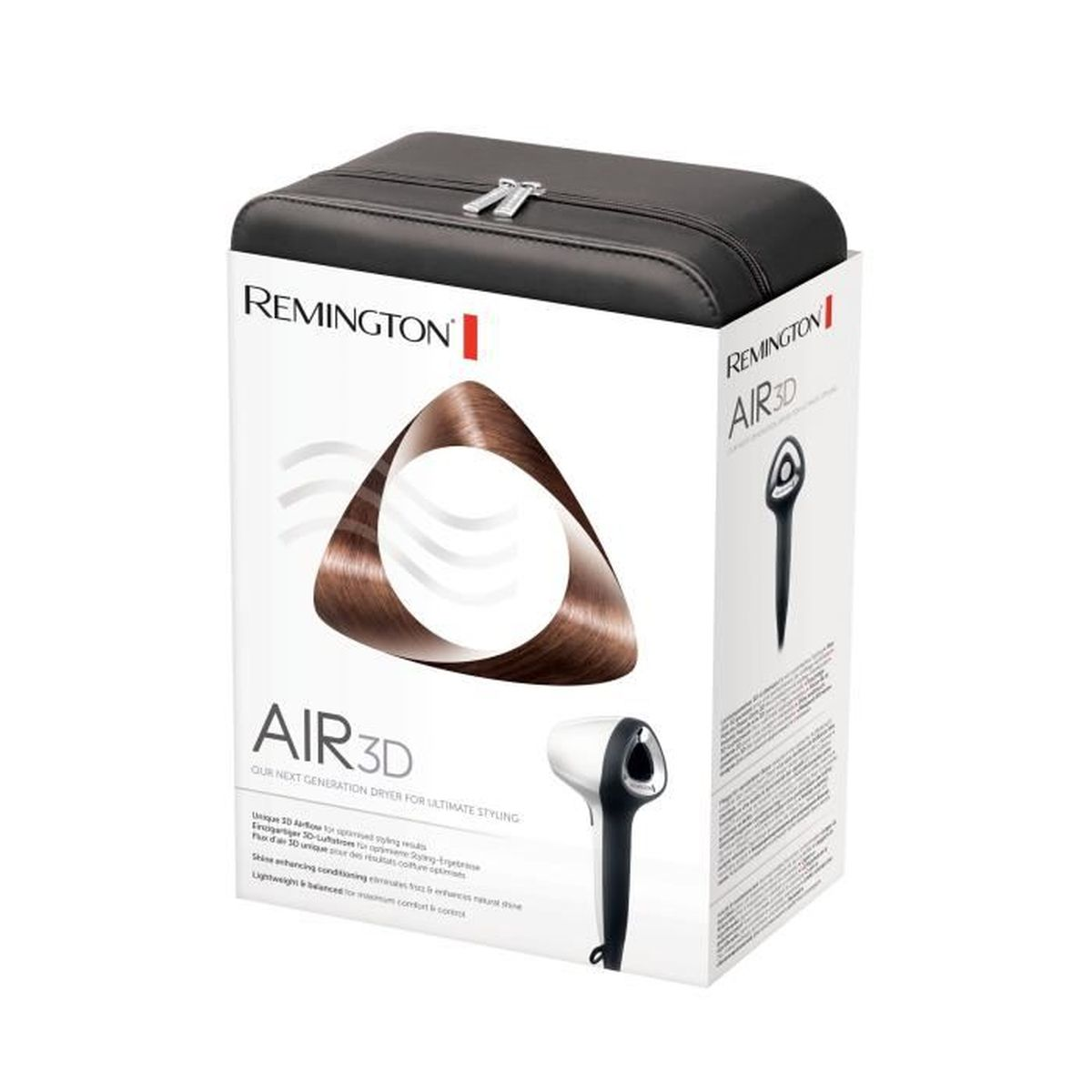 Remington Air3D Haartrockner-Box. Die Box ist weiß und schwarz mit Produktbildern.