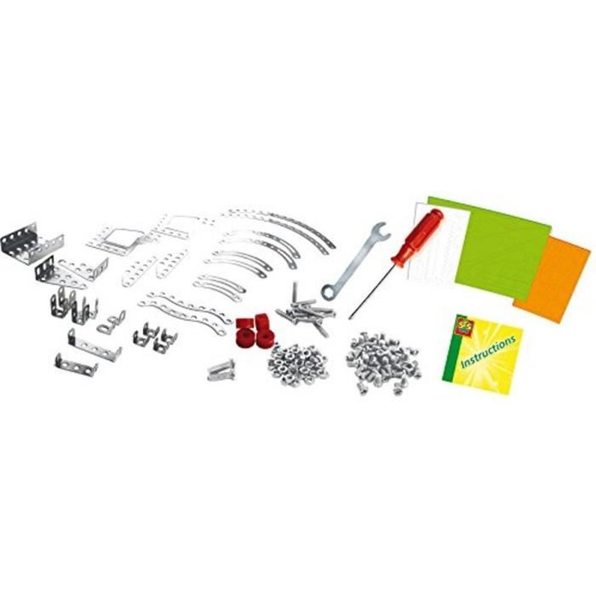 Różne elementy zestawu konstrukcyjnego: śruby, wsporniki i narzędzia. Białe tło.