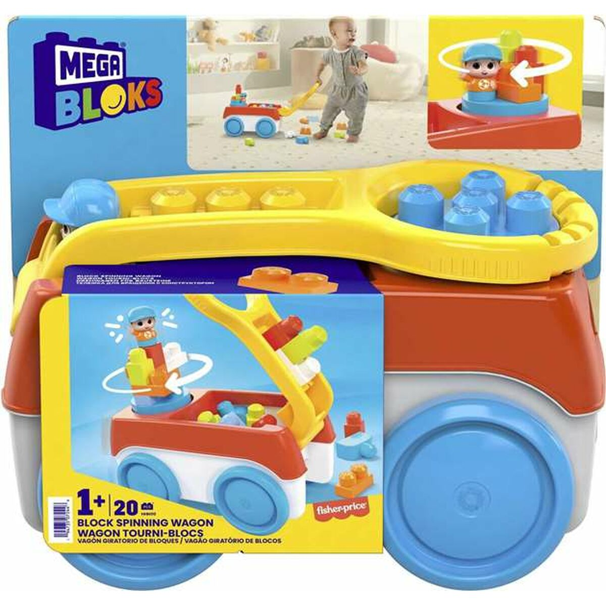 Wózek z zabawkami Mega Bloks z klockami i figurką. Dziecko bawi się w tle.