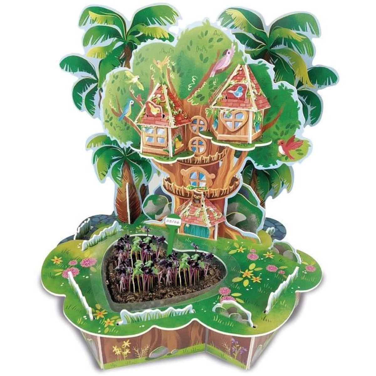 Ein 3D-Baumhausmodell mit einem herzförmigen Garten. Grünes Gras und Palmen umgeben die Baumhäuser.