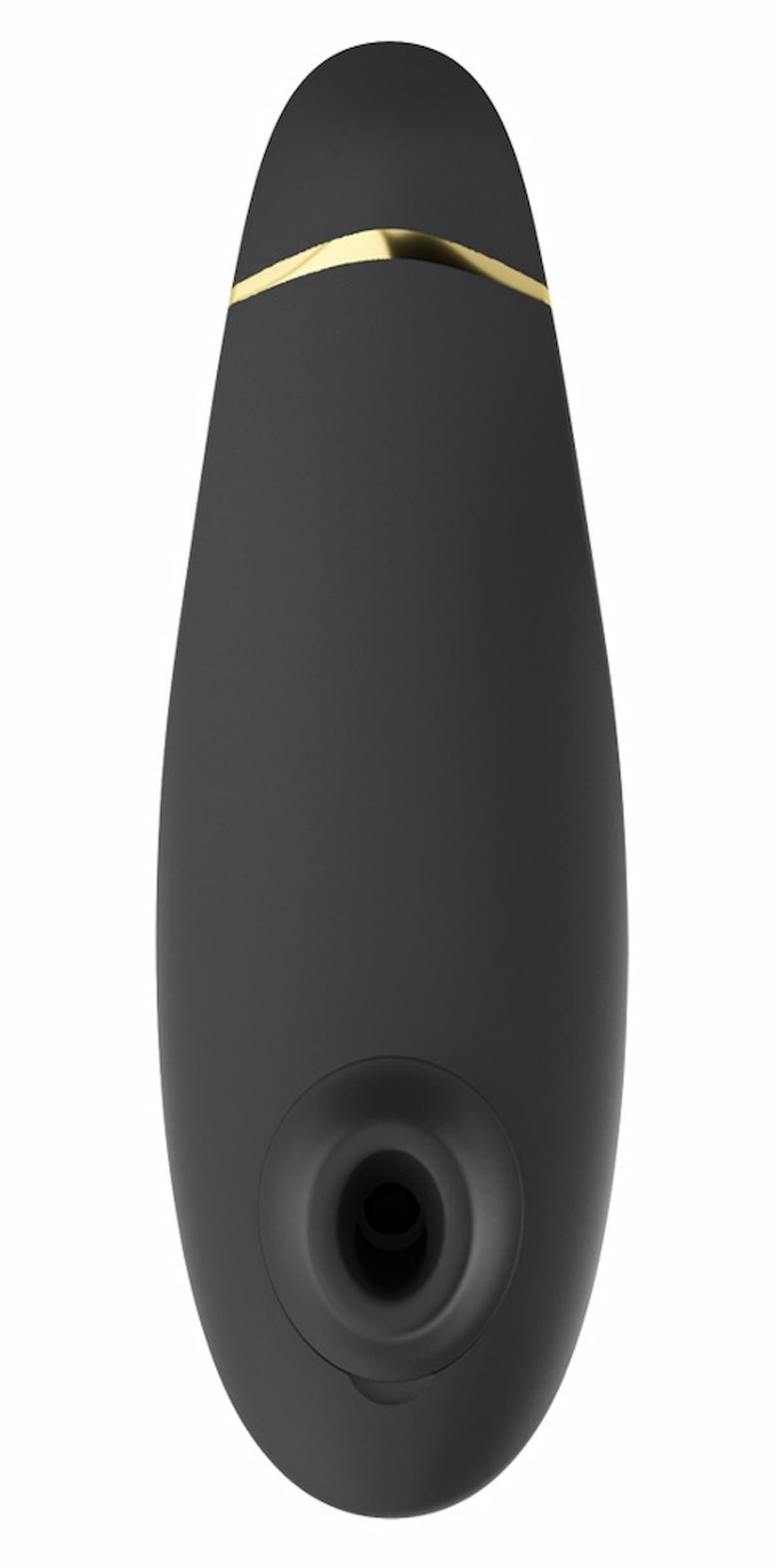 Sex toy nero con un accento dorato sulla parte superiore e un foro nella parte inferiore. Forma ovale, superficie liscia.