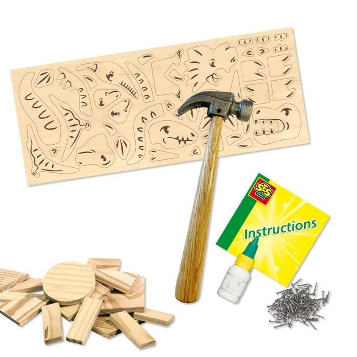 Holzpuzzle mit Hammer, Nägeln, Kleber und Anleitung. Dinosaurier-Thema. Weißer Hintergrund.