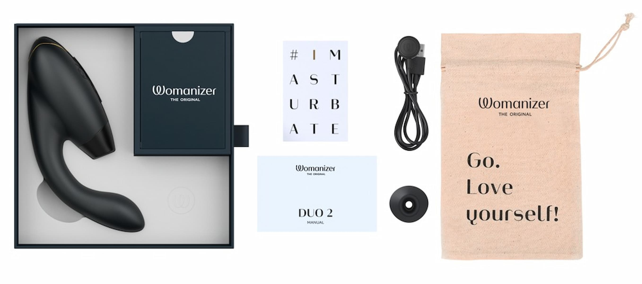 Womanizer Duo 2 Sexspielzeug, Zubehör und Verpackung auf weißer Oberfläche.