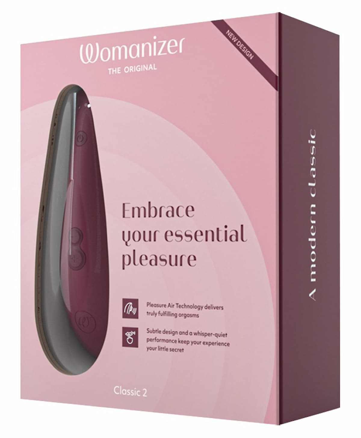 Różowa i bordowa puszka Womanizer. Zawiera wibrator. Tekst brzmi 'Embrace your essential pleasure'.
