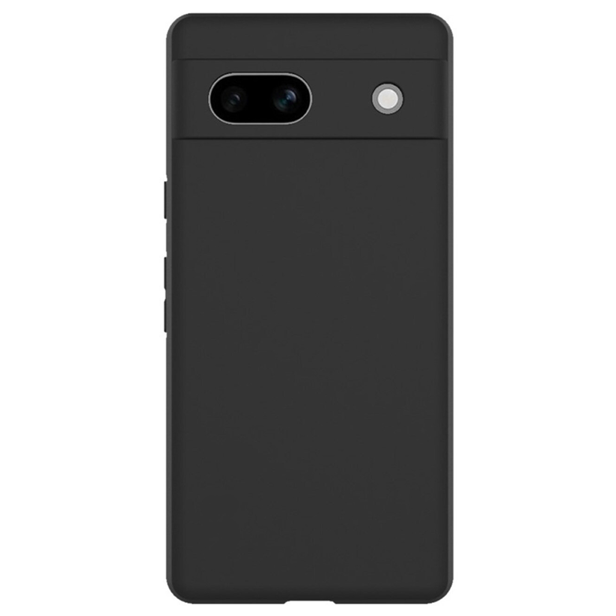 Eine schwarze Handyhülle mit zwei Kameralöchern und einem Knopfloch.