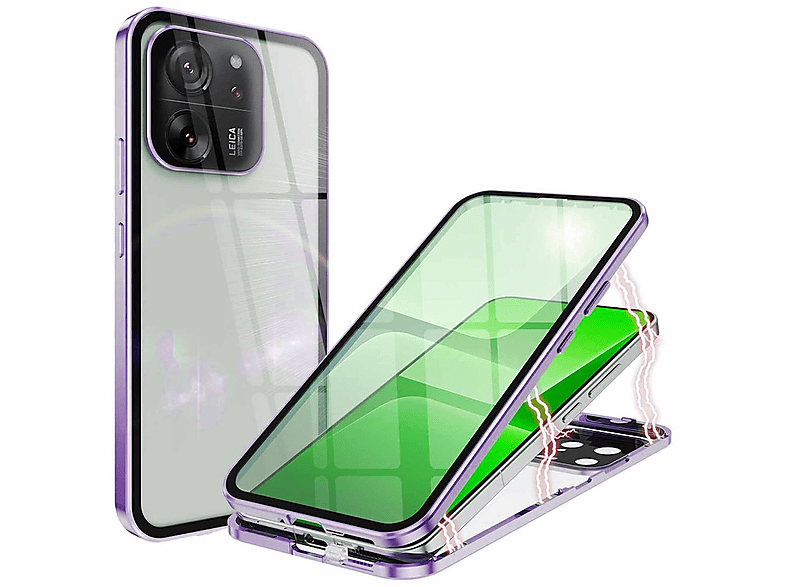 WIGENTO Beidseitiger 360 Grad Magnet Glas Metall Aluminium Hülle, Full Cover, Xiaomi, 13T / 13 T Pro, Lila / Transparent