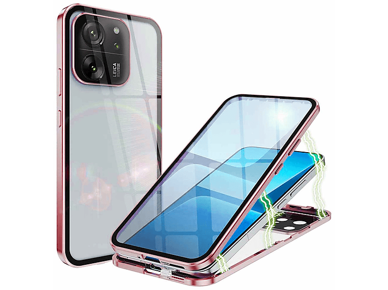 WIGENTO Beidseitiger 360 Grad Magnet Glas Metall Aluminium Hülle, Full Cover, Xiaomi, 13T / 13 T Pro, Rot / Transparent