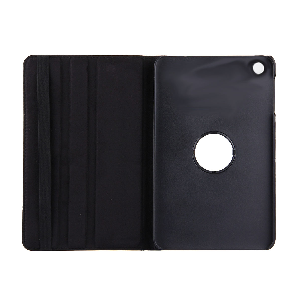 Schwarze Tablethülle, offen. Innen ist das Tablet mit einem Kamera-Loch sichtbar.