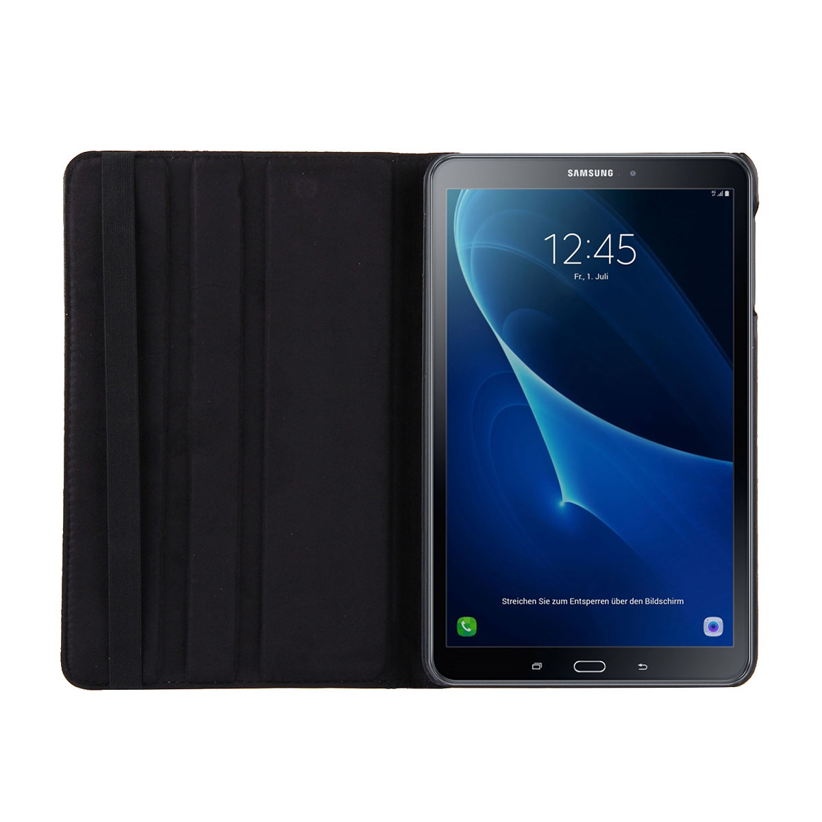 Schwarzes Tablet mit geöffneter Hülle, Bildschirm zeigt Uhrzeit und Text auf Deutsch.