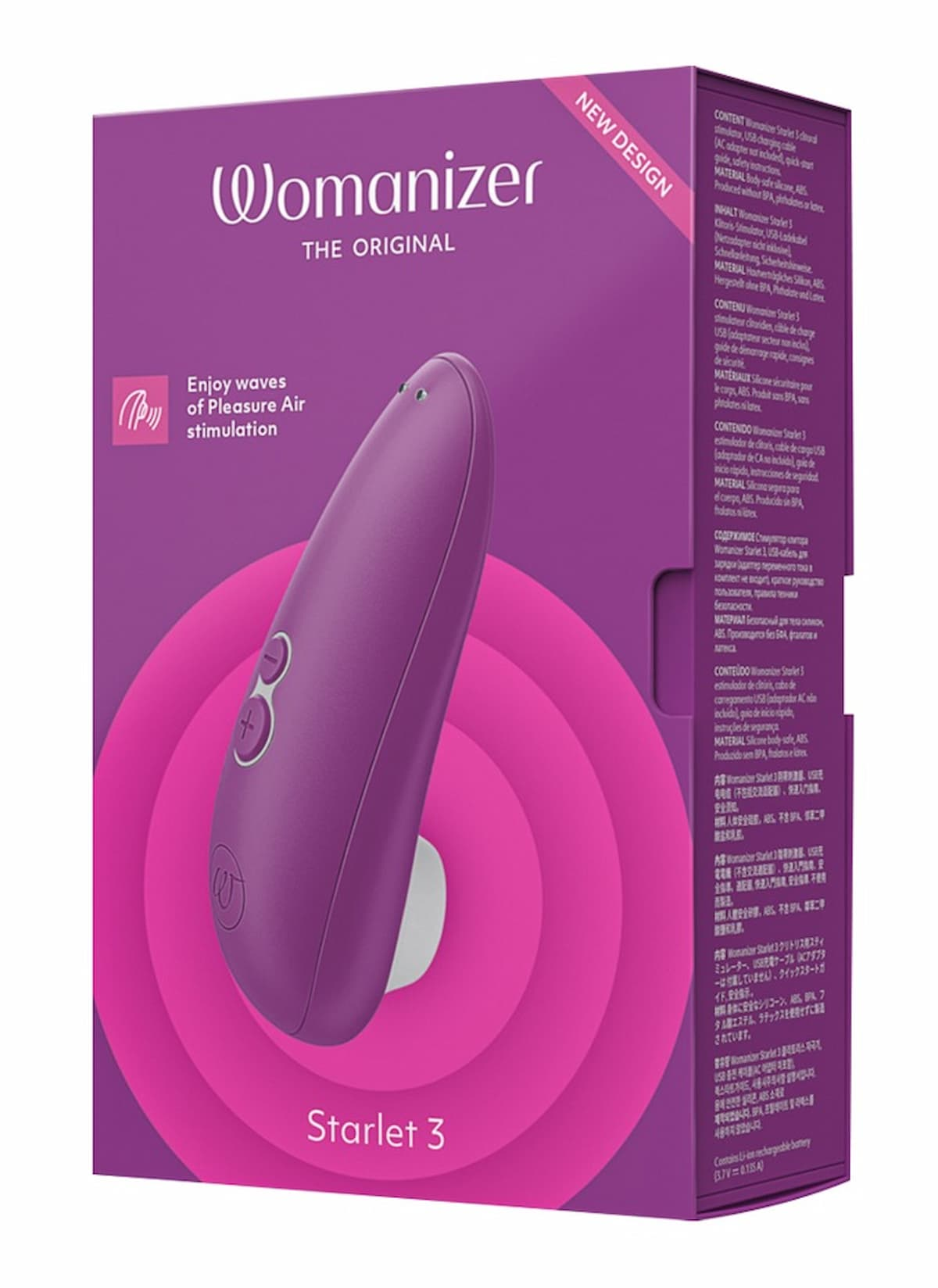 Wibrator Womanizer Starlet 3 w pudełku. Fioletowe urządzenie, różowe pudełko, białe tło. Nowy design.
