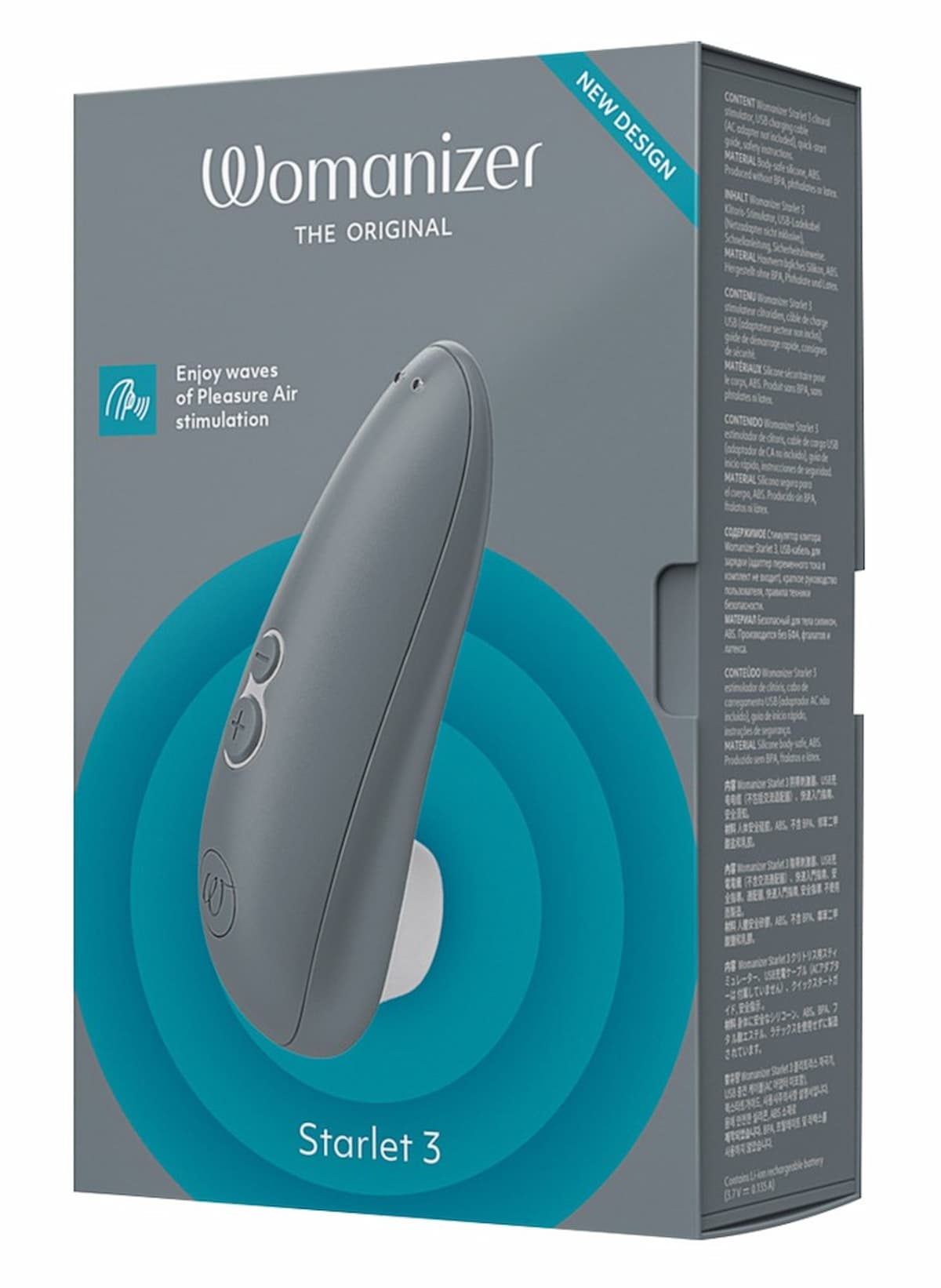 Eine graue Womanizer Starlet 3-Box mit sichtbarem Gerät, Text in mehreren Sprachen.