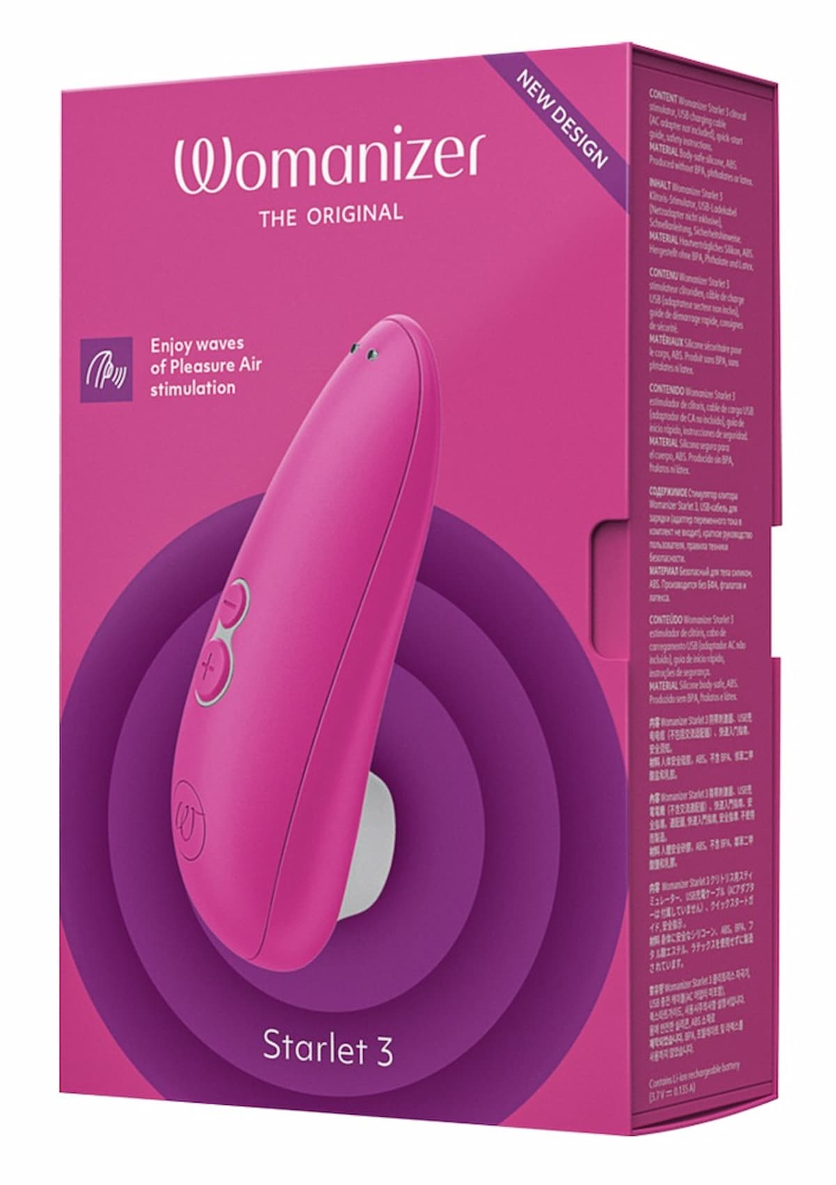 Womanizer Starlet 3 Vibrator-Box mit einem rosa Vibrator, auf weißem Hintergrund.
