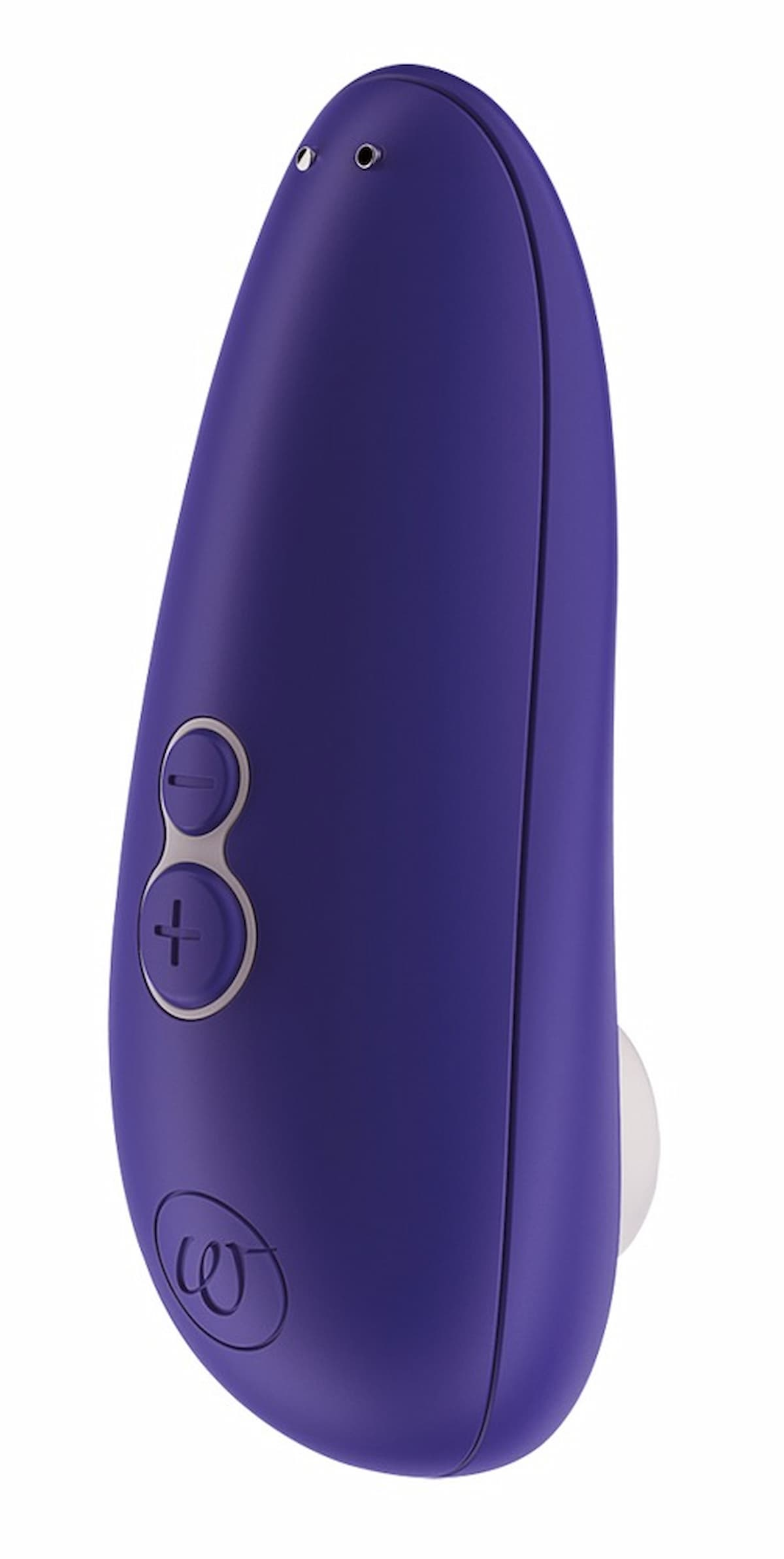Ein violettes Sexspielzeug mit zwei Knöpfen und einer weißen Spitze. Es ist eine Seitenansicht.