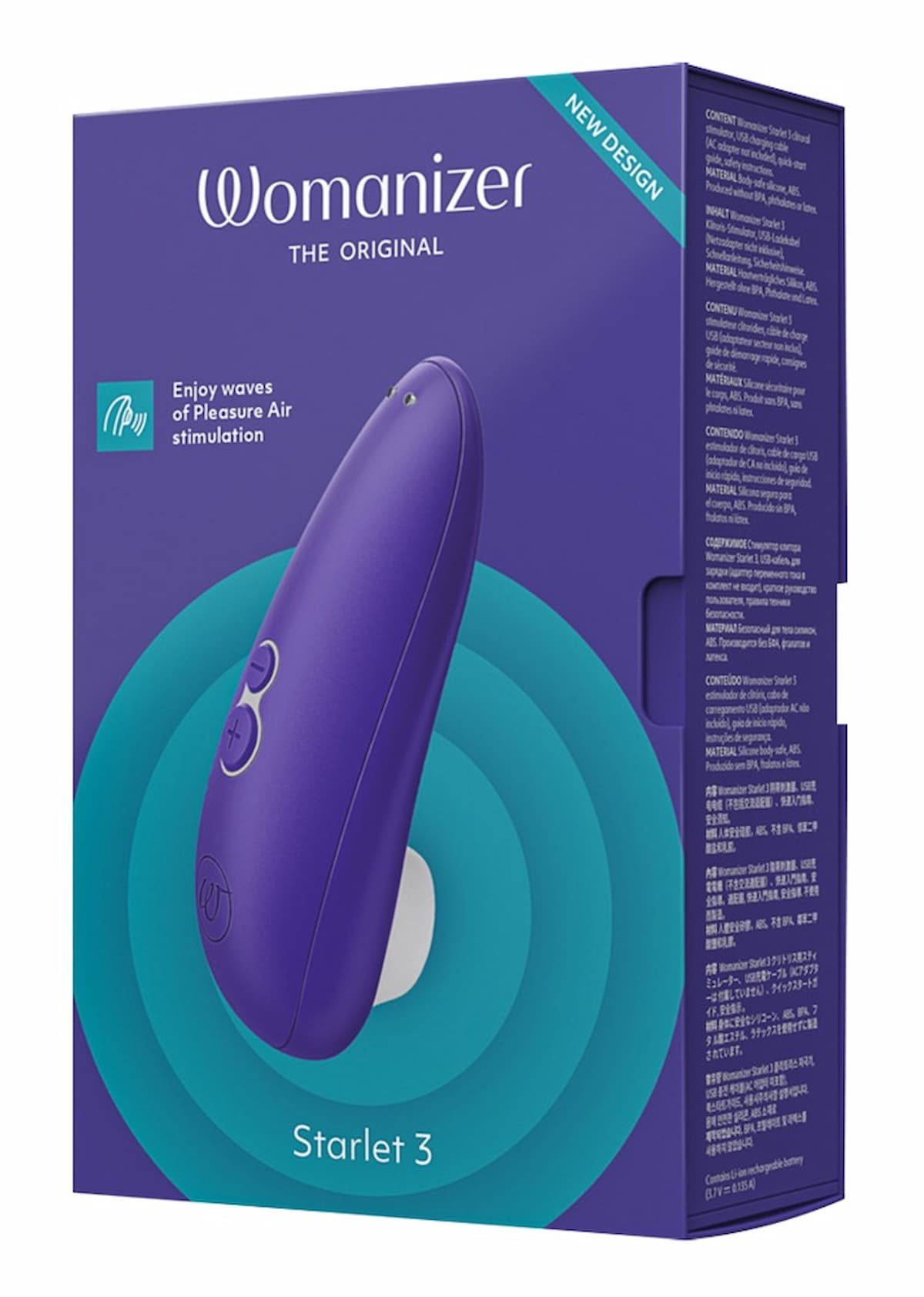 Ein Womanizer Starlet 3 Vibrator in einer lila Schachtel mit Produktdetails und Bildern.