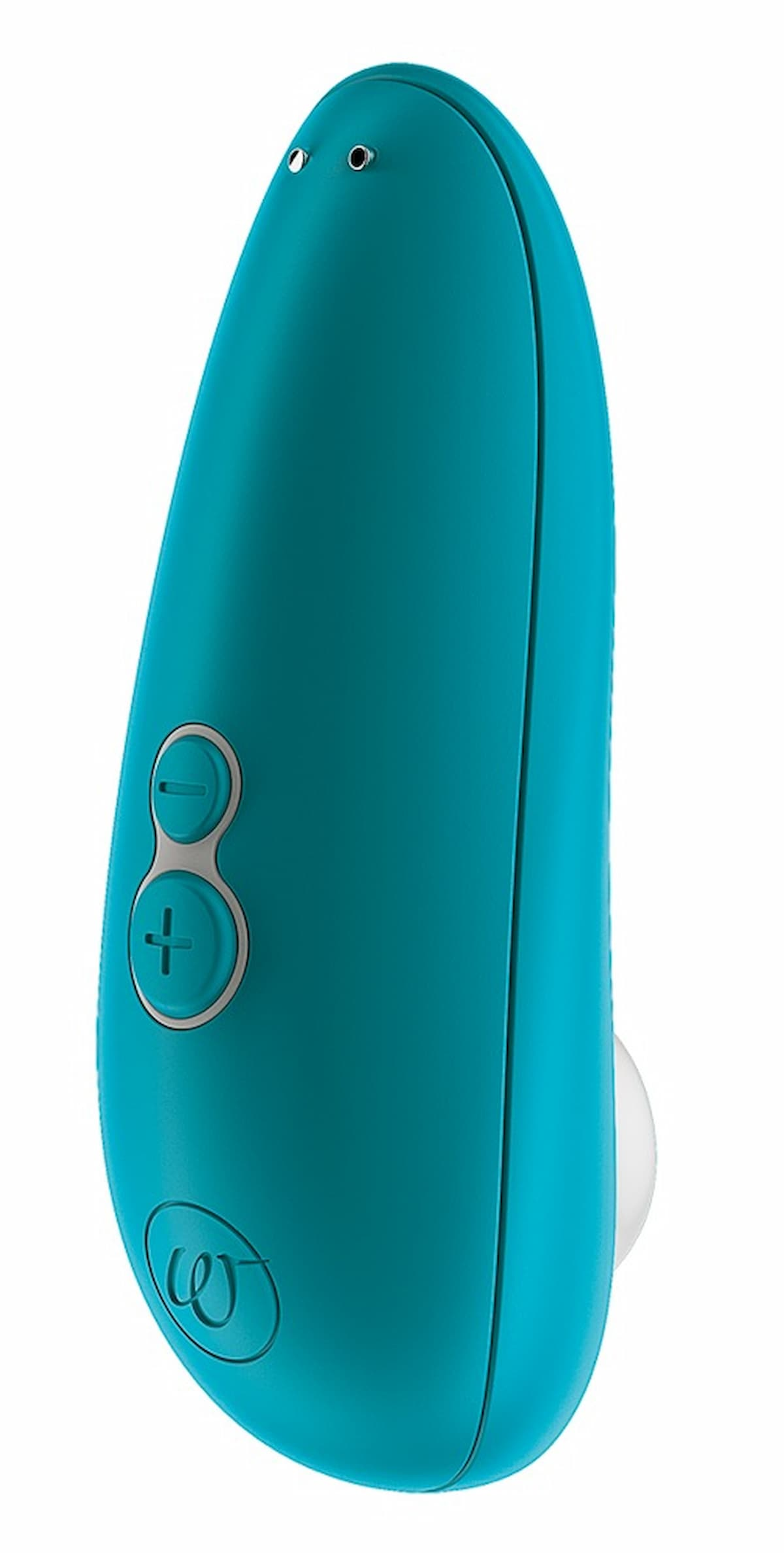 Türkisfarbener Vibrator mit zwei Knöpfen und weißer Spitze.