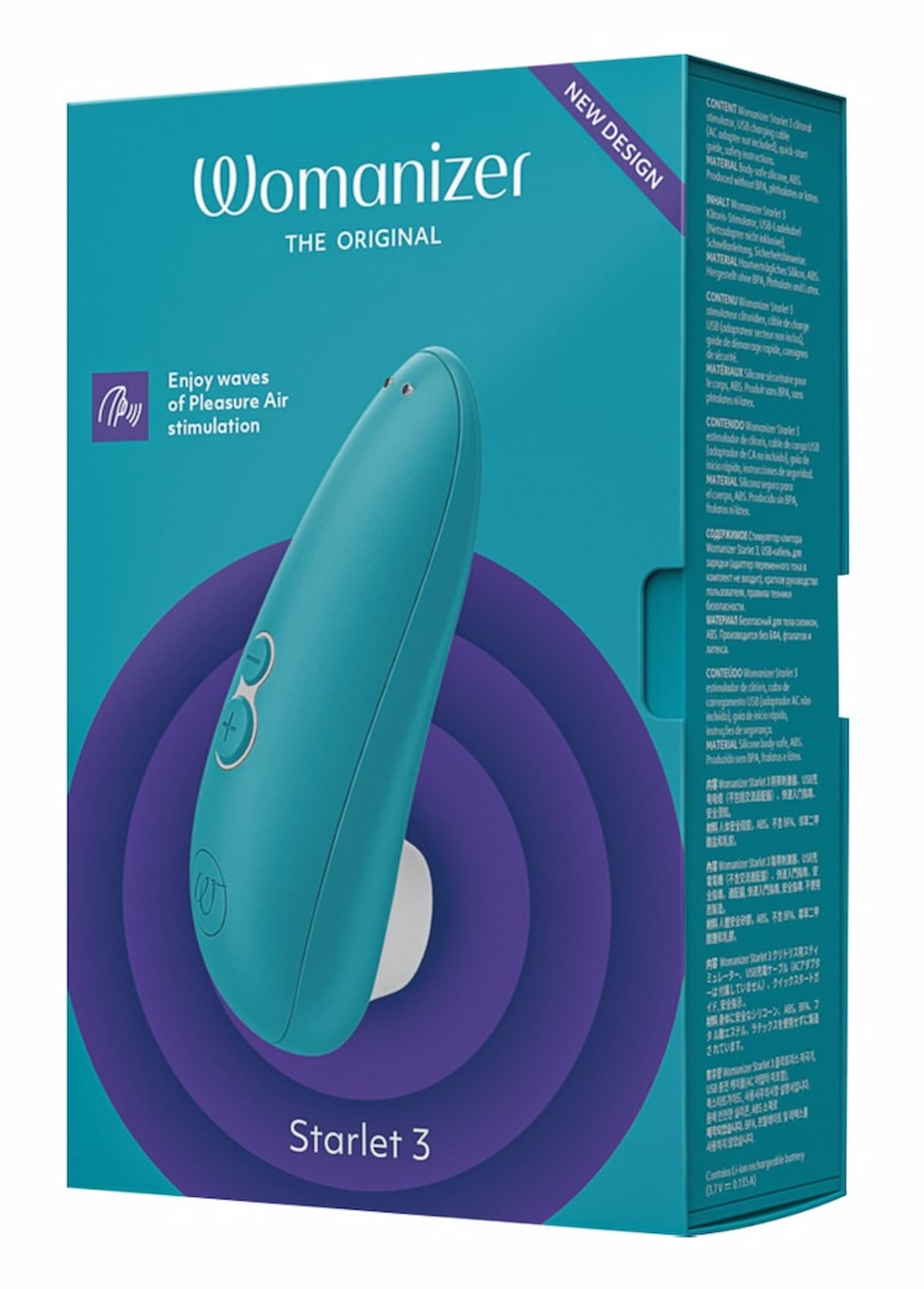 Eine türkisfarbene, rechteckige Schachtel mit einem Womanizer. Die Schachtel hat Text und ein Bild des Produkts.