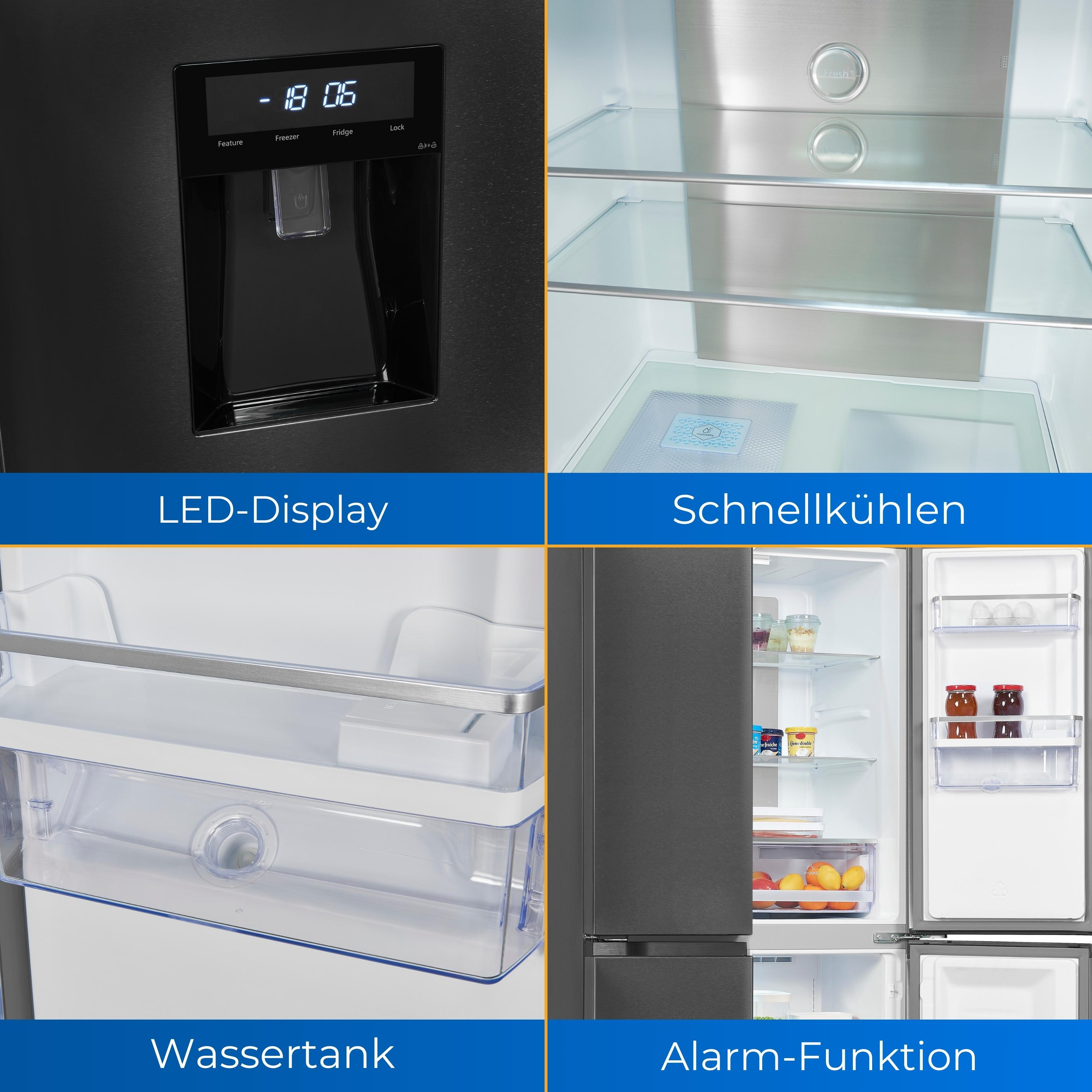 Schwarzer Kühlschrank mit LED-Anzeige, Eisspender und offener Tür, die das Innere zeigt.