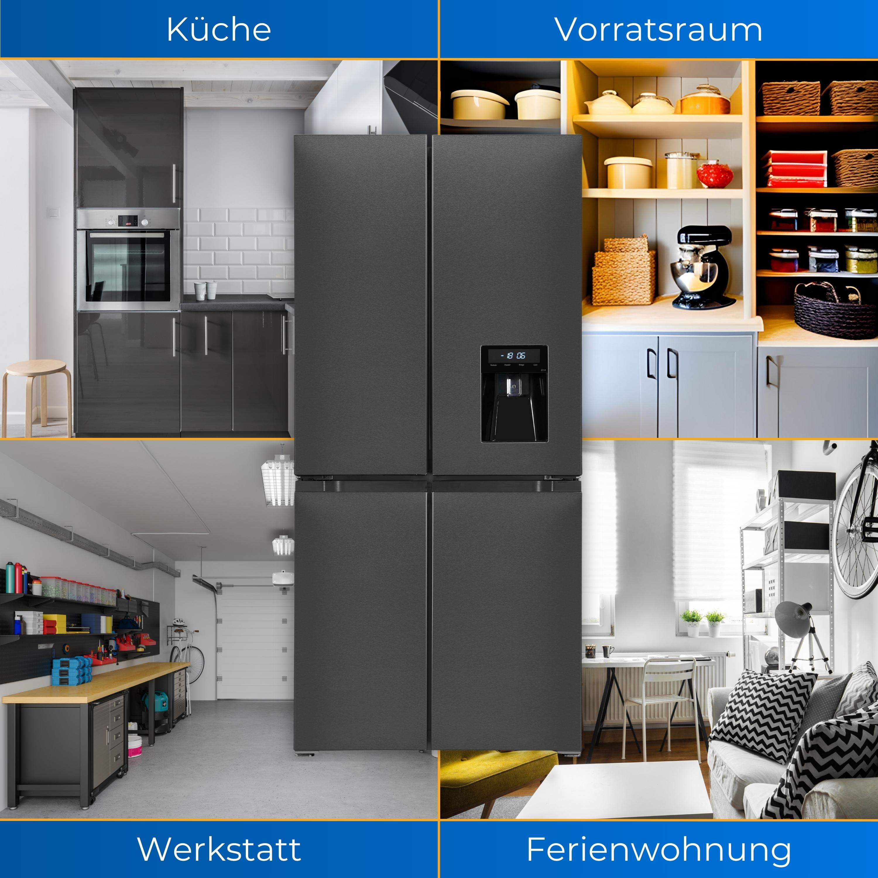 Ein großer schwarzer Kühlschrank mit vier Türen, in Küche, Speisekammer, Werkstatt und Wohnung.