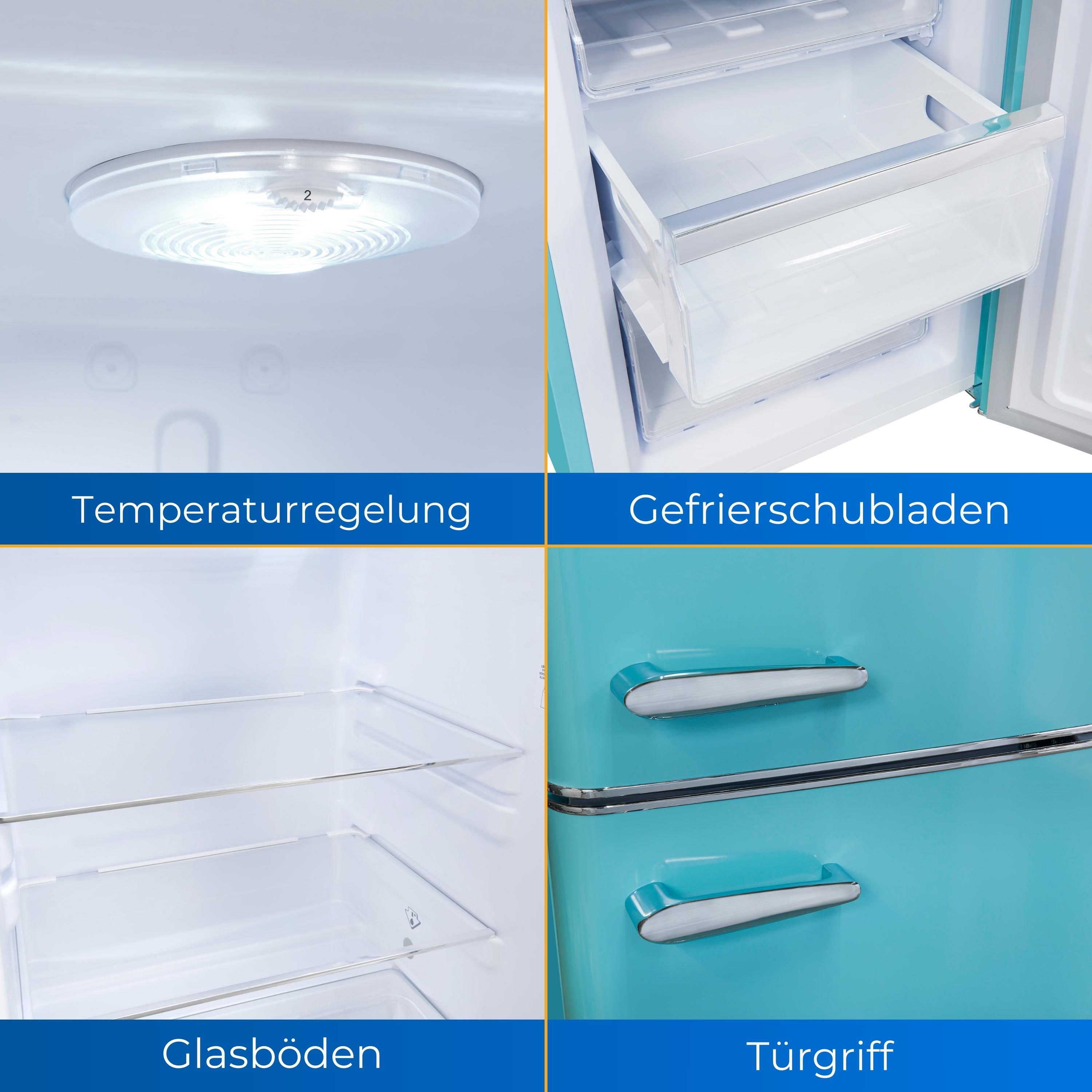 Nahaufnahmen des Kühlschrankinneren: Temperaturregelung, Gefrierschubladen, Glasböden und Türgriffe.