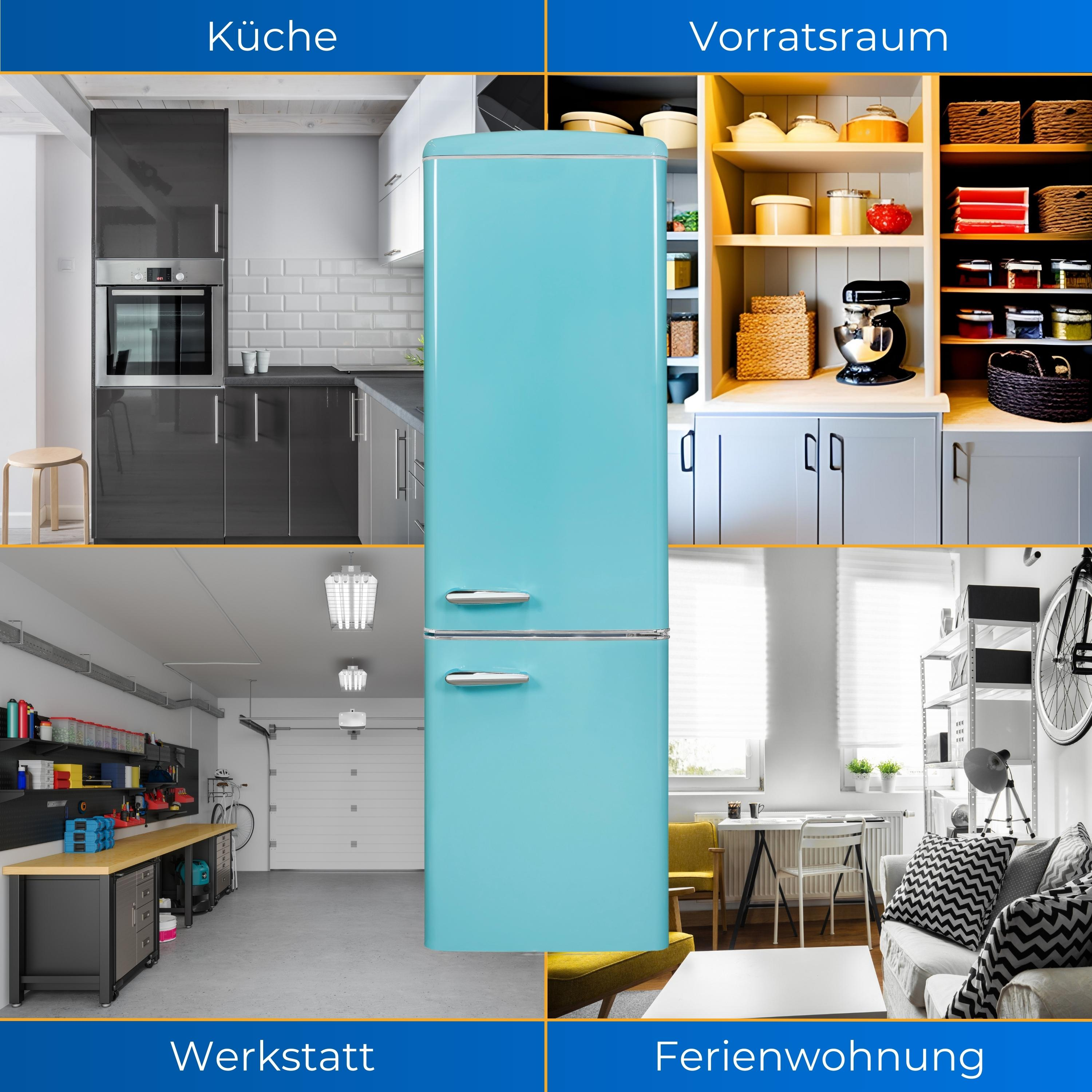 Collage mit Küche, Speisekammer, Werkstatt und Wohnzimmer. In der Mitte steht ein blauer Retro-Kühlschrank.