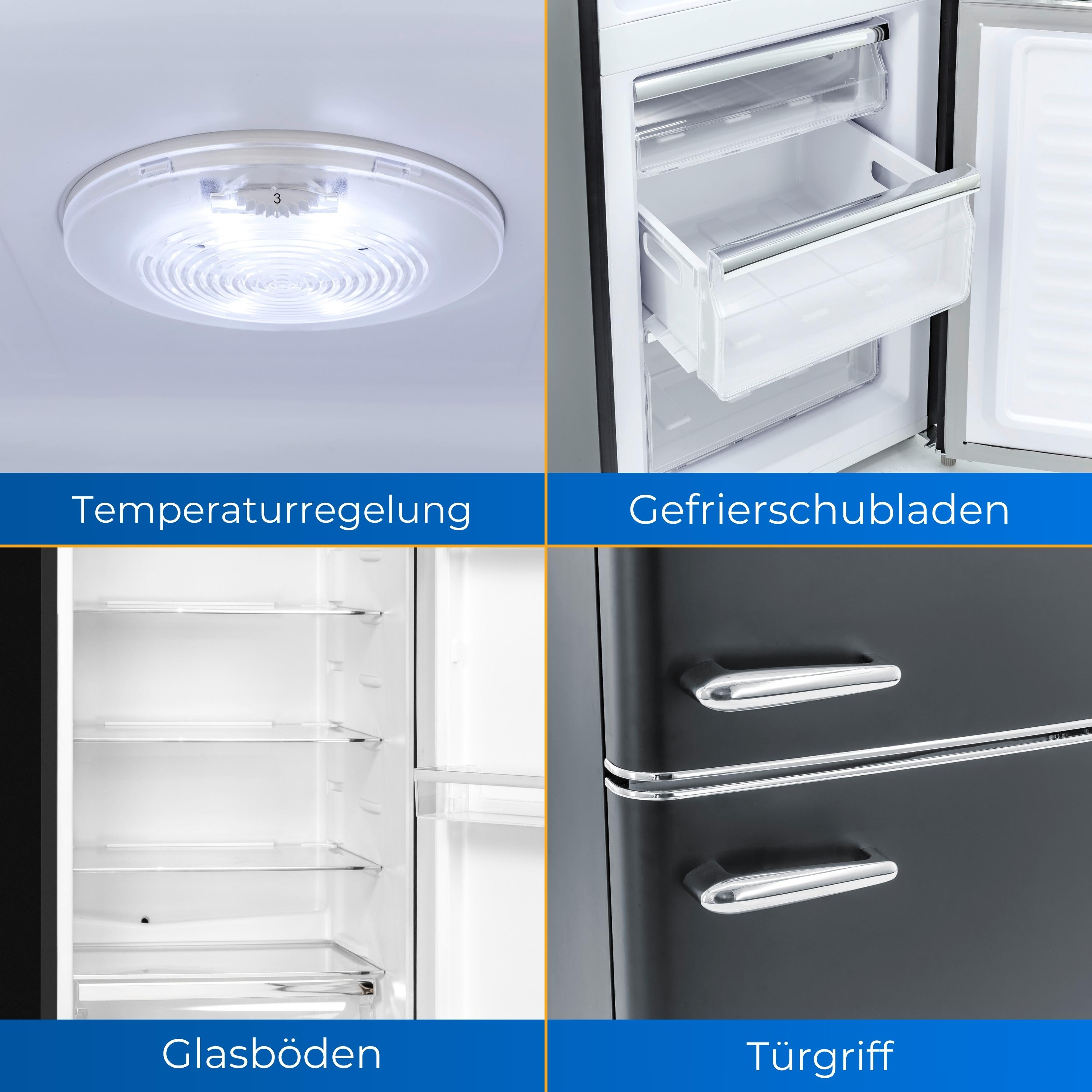 Vier Bilder, die Teile eines Kühlschranks zeigen: Beleuchtung, Gefrierschubladen, Glasböden und Türgriff.