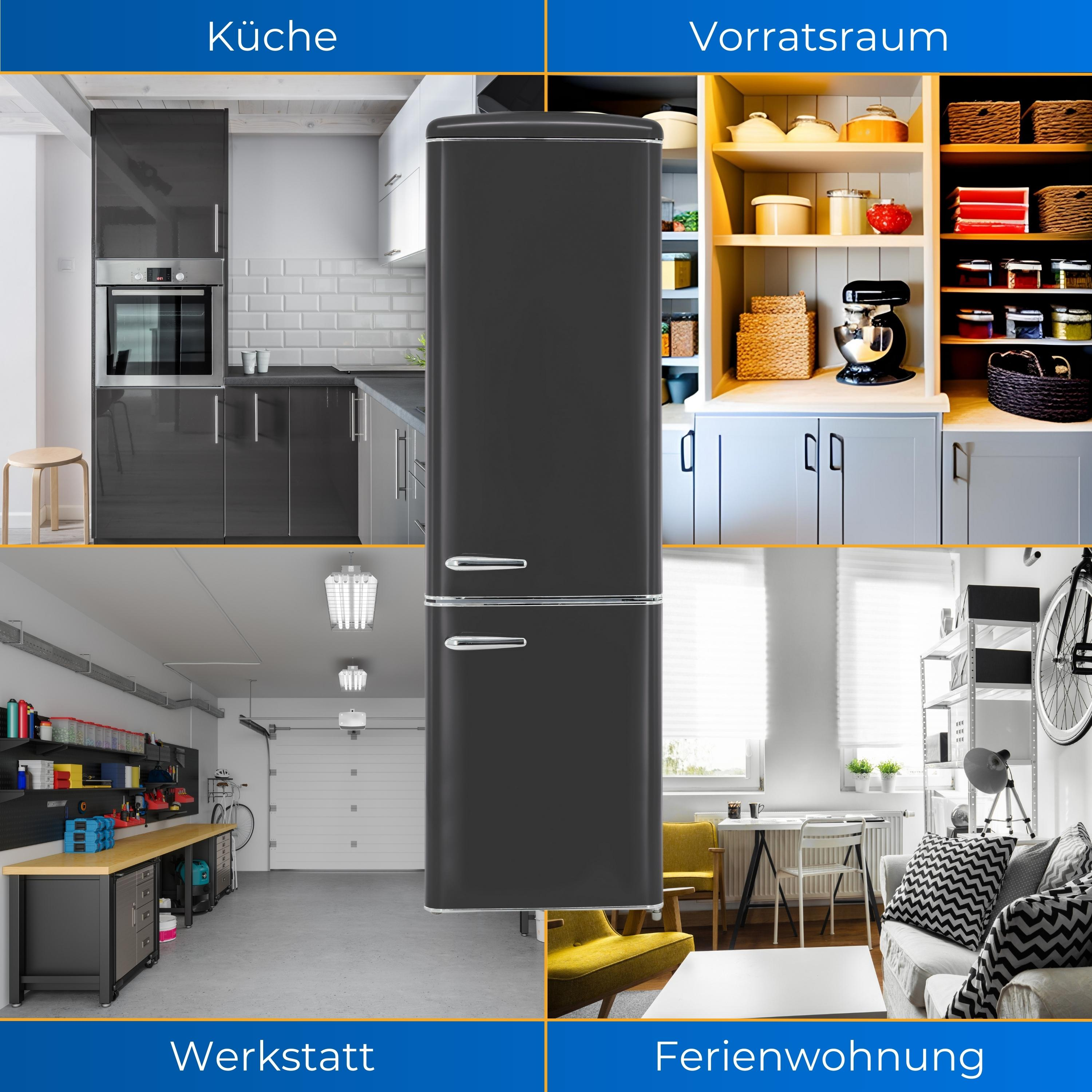 Ein schwarzer Retro-Kühlschrank ist von Bildern einer Küche, Speisekammer, Werkstatt und Ferienwohnung umgeben.